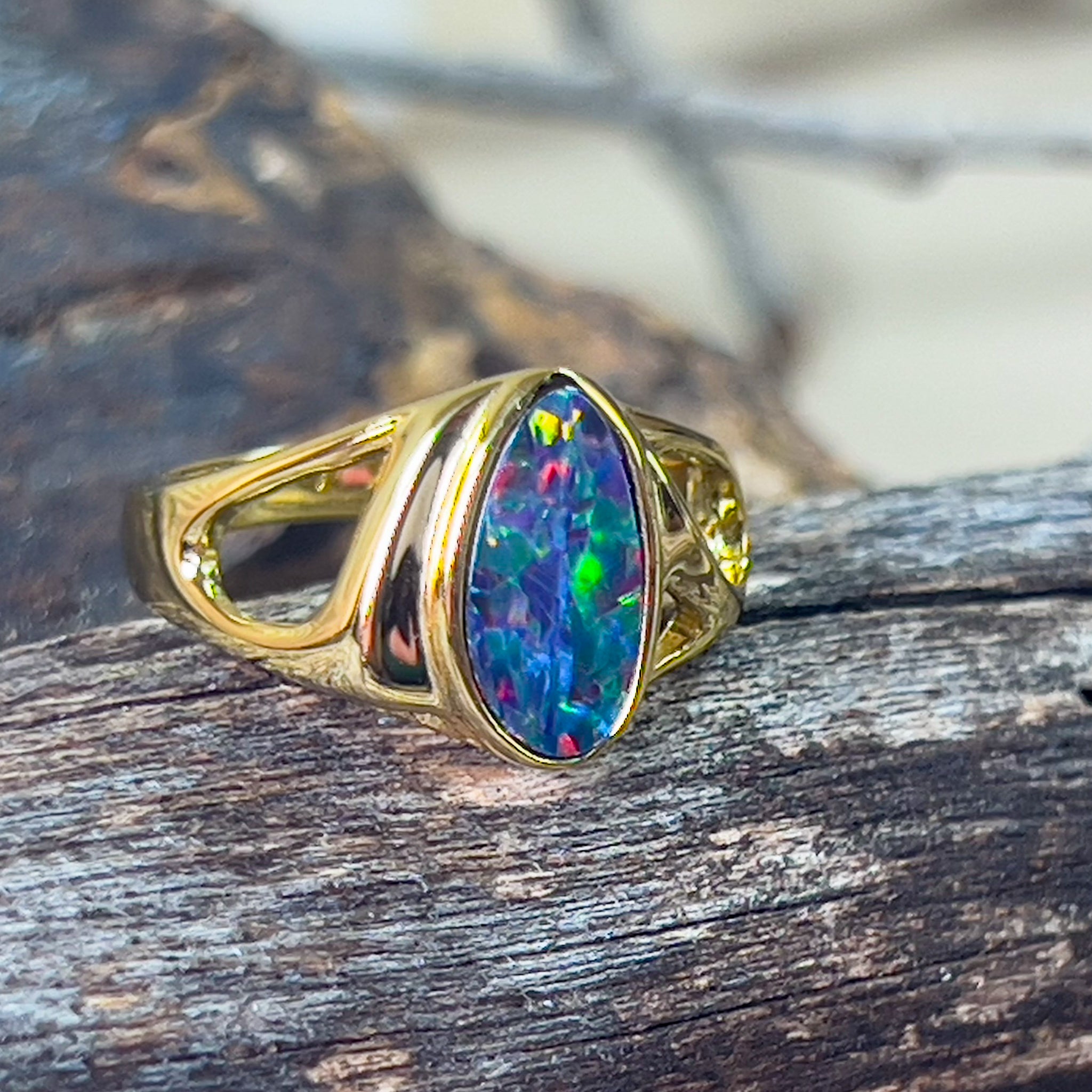 Gold plated Sterling Silver shaped cut out pattern opal doublet ring - Masterpiece Jewellery Opal & Gems Sydney Australia | Online Shop