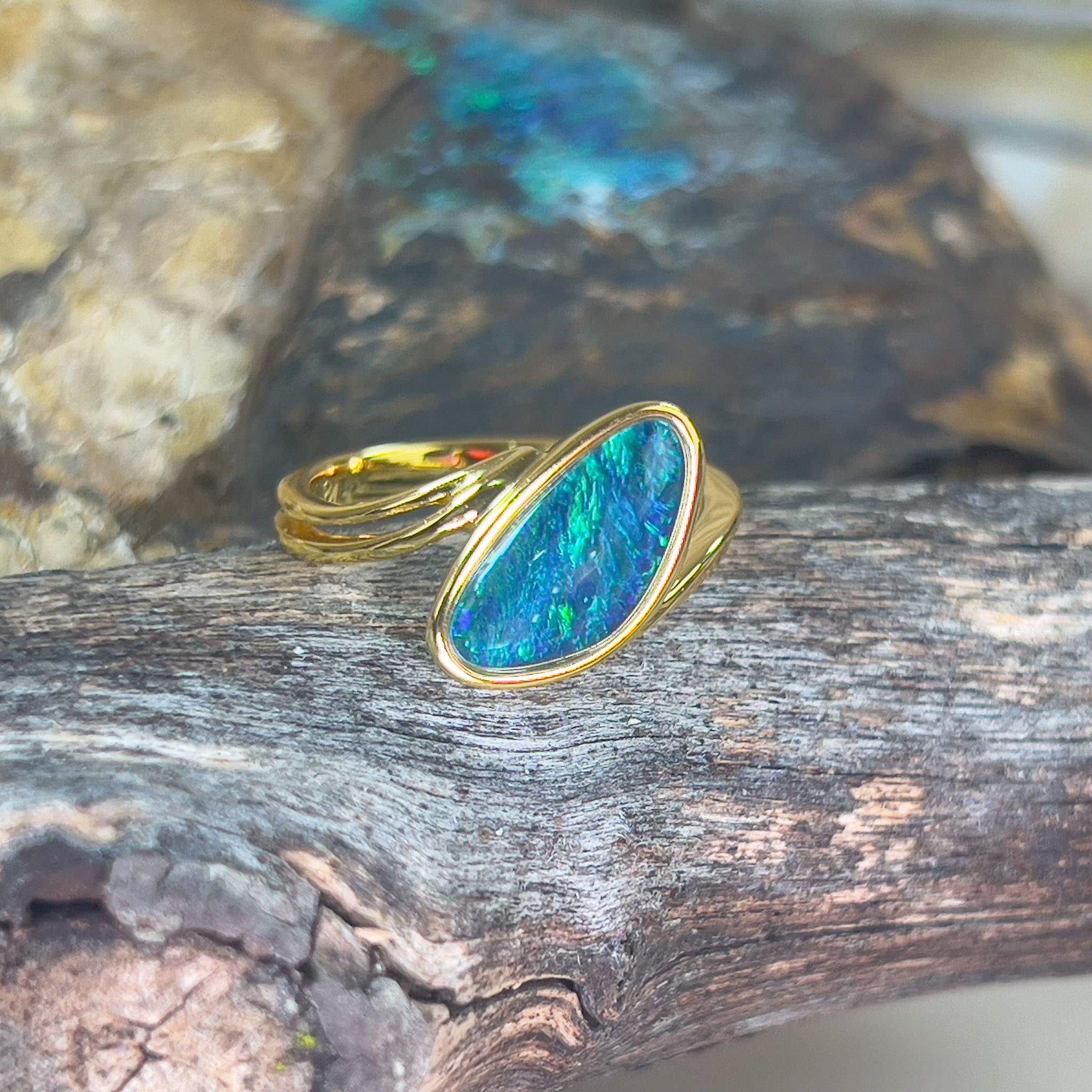 Gold Plated Sterling Silver Blue Green Opal freeform ring - Masterpiece Jewellery Opal & Gems Sydney Australia | Online Shop