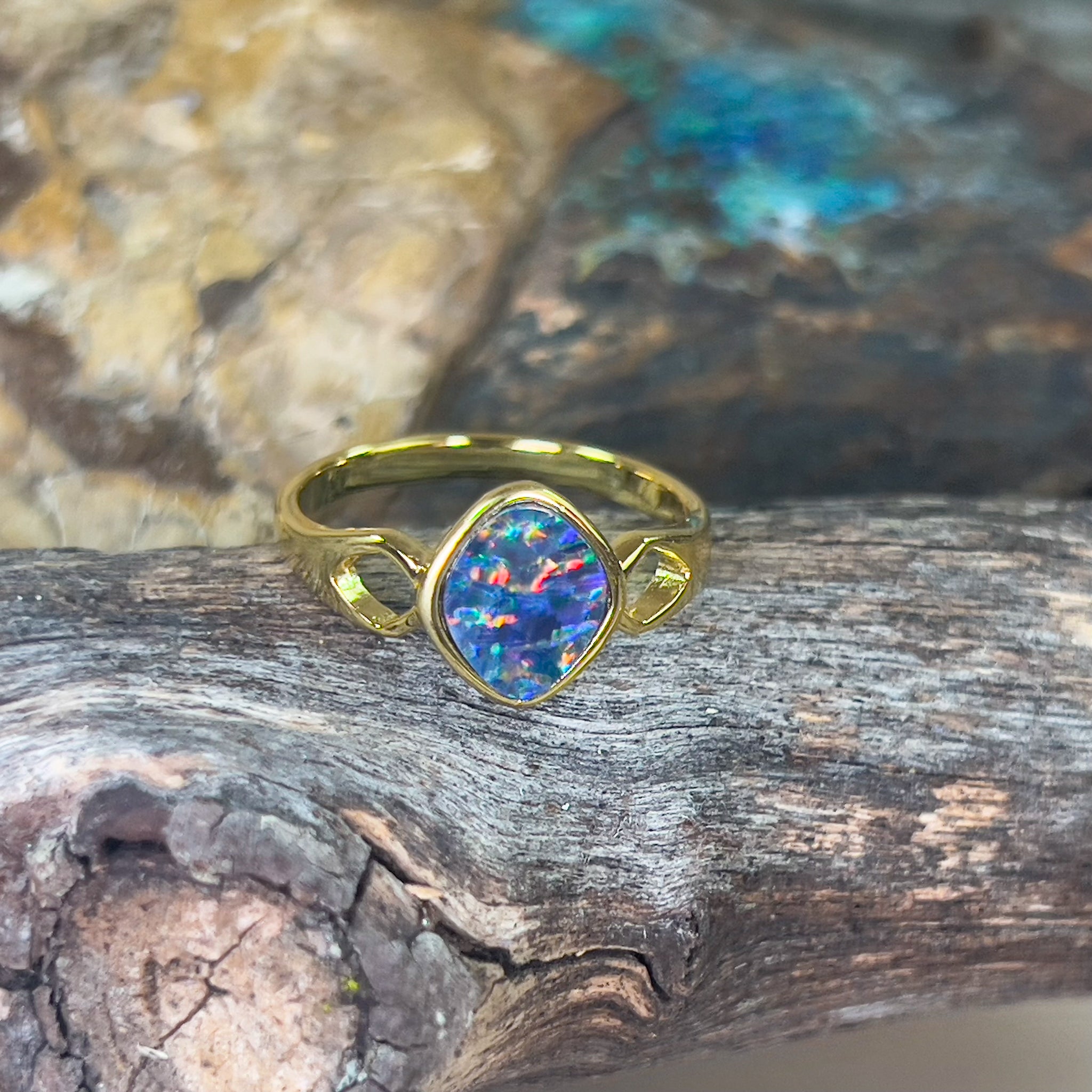 Gold plated sterling silver Opal doublet diamond shape ring - Masterpiece Jewellery Opal & Gems Sydney Australia | Online Shop