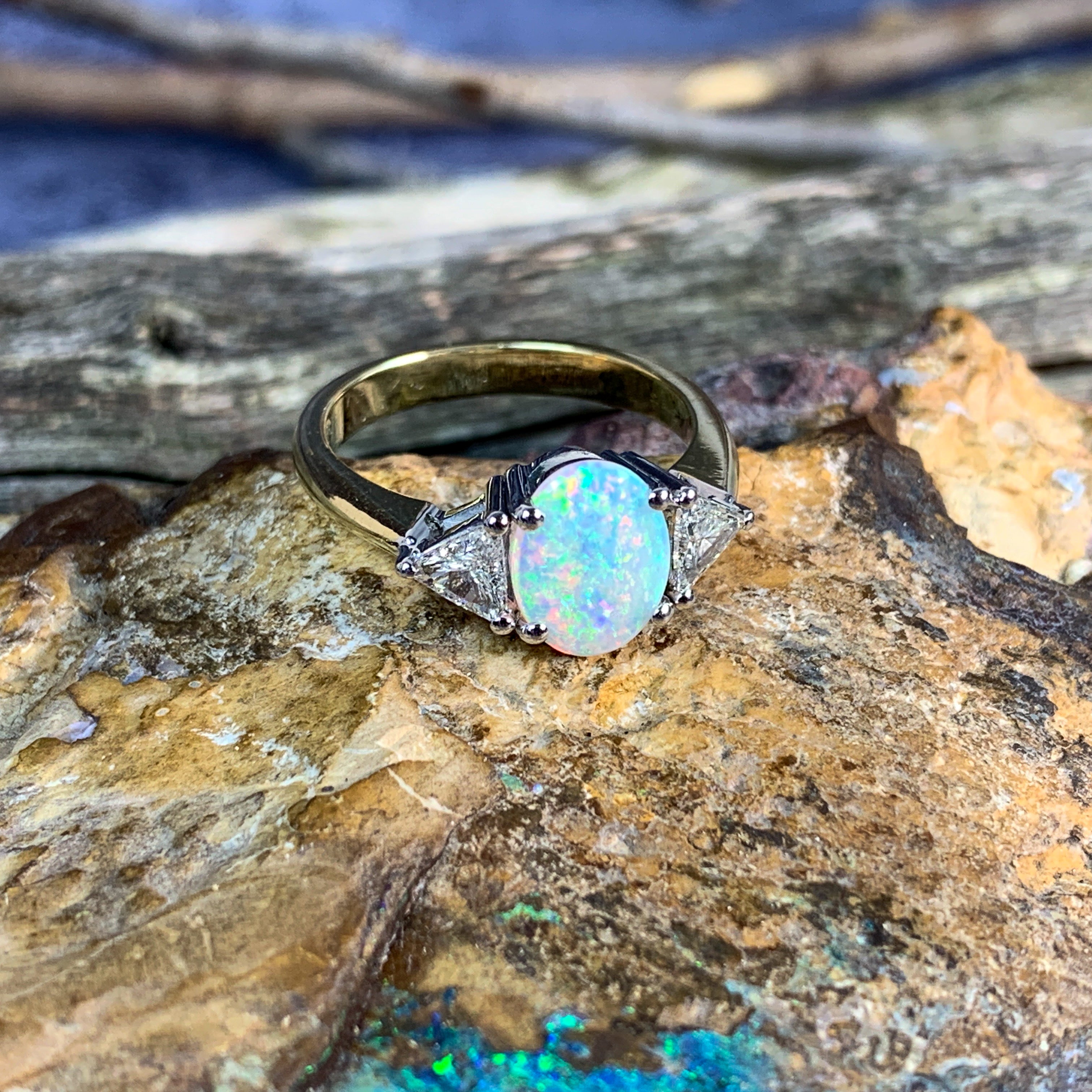 18kt Yellow and White Gold Crystal Opal 1.4ct amd trillion cut diamond ring - Masterpiece Jewellery Opal & Gems Sydney Australia | Online Shop