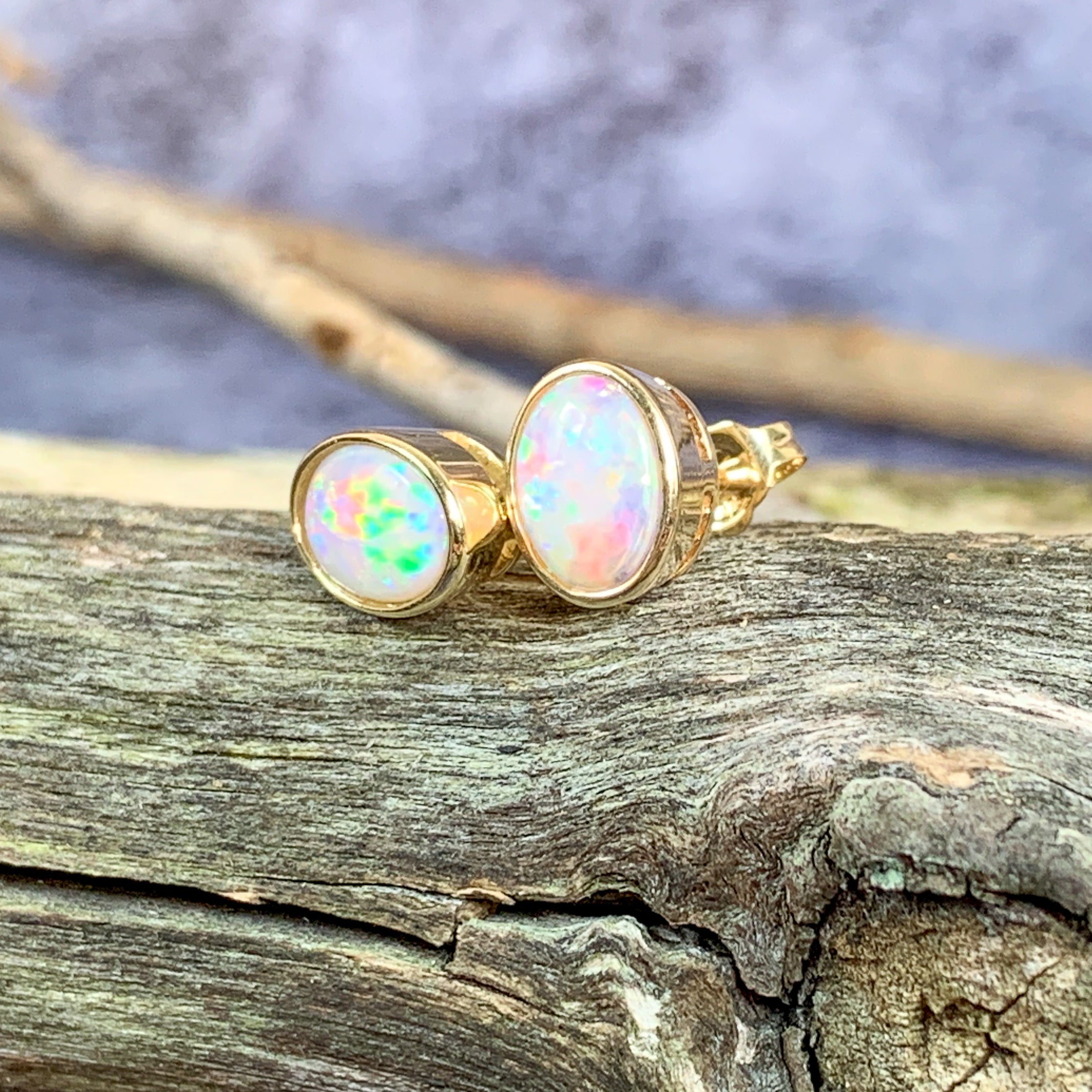 9kt Yellow Gold Oval Opal studs 8x6mm earrings - Masterpiece Jewellery Opal & Gems Sydney Australia | Online Shop