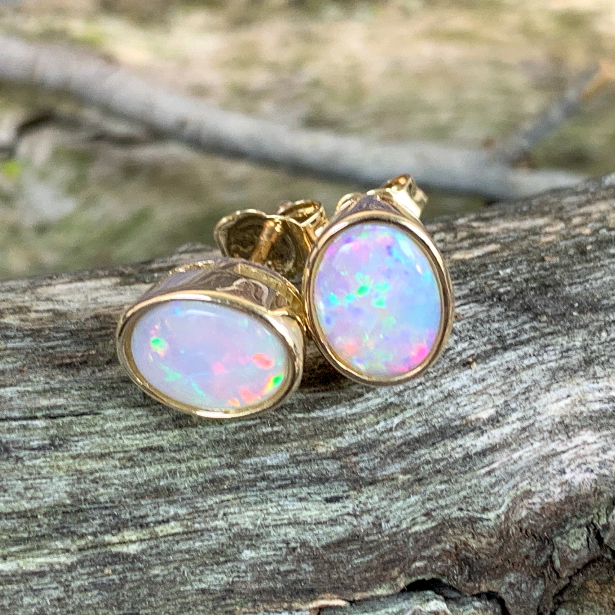 9kt Yellow Gold Oval Opal studs 8x6mm earrings - Masterpiece Jewellery Opal & Gems Sydney Australia | Online Shop