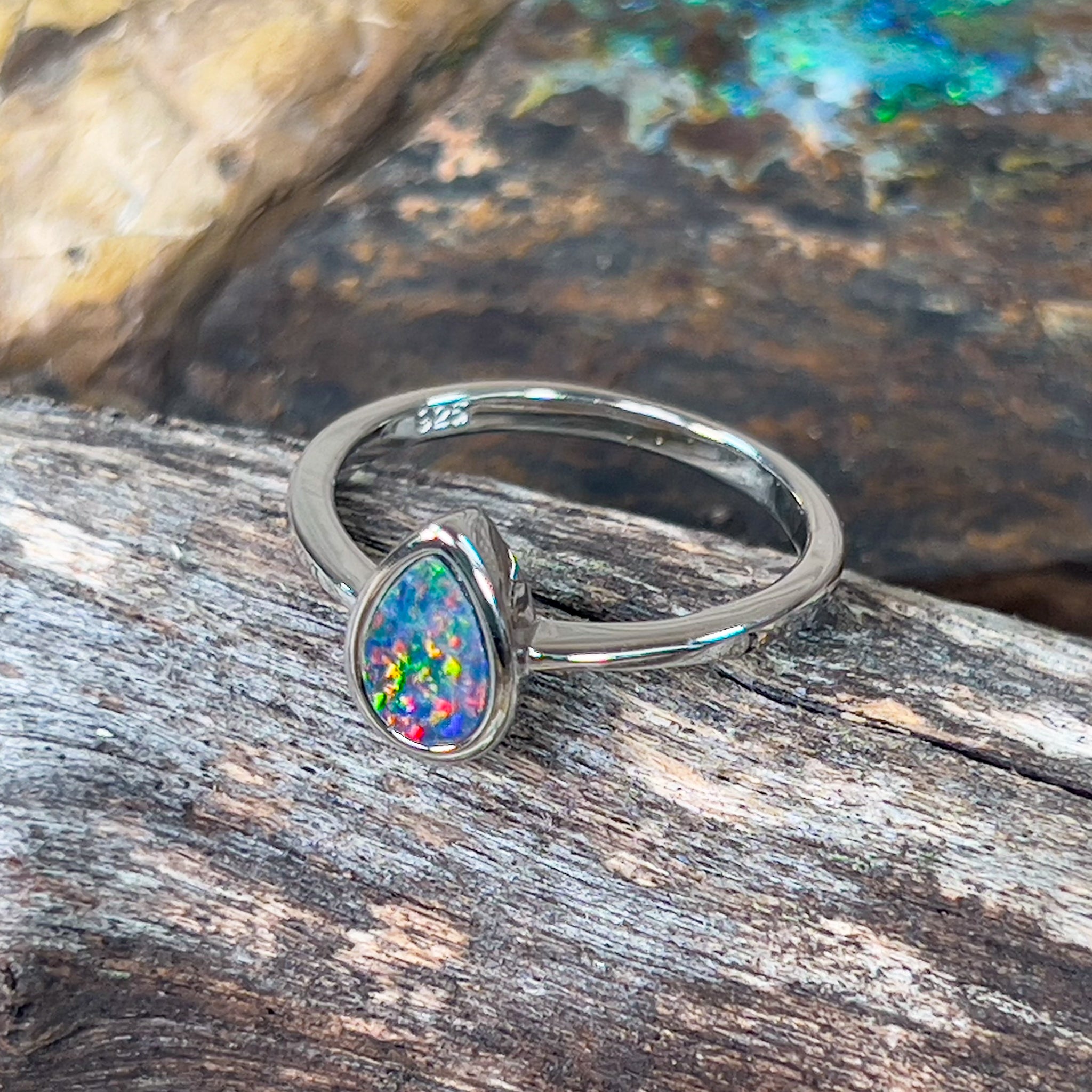 Sterling Silver pear shape opal doublet solitaire ring - Masterpiece Jewellery Opal & Gems Sydney Australia | Online Shop