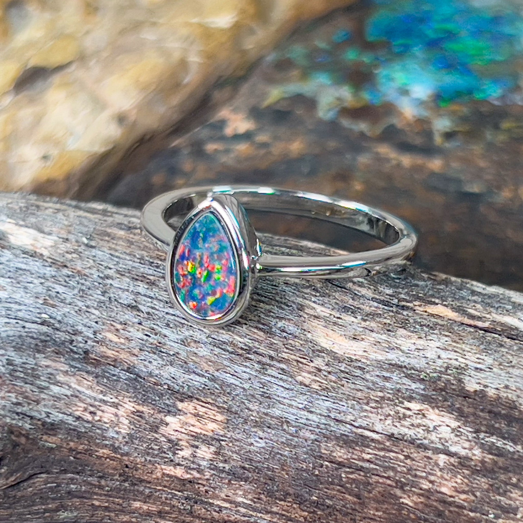 Sterling Silver pear shape opal doublet solitaire ring - Masterpiece Jewellery Opal & Gems Sydney Australia | Online Shop