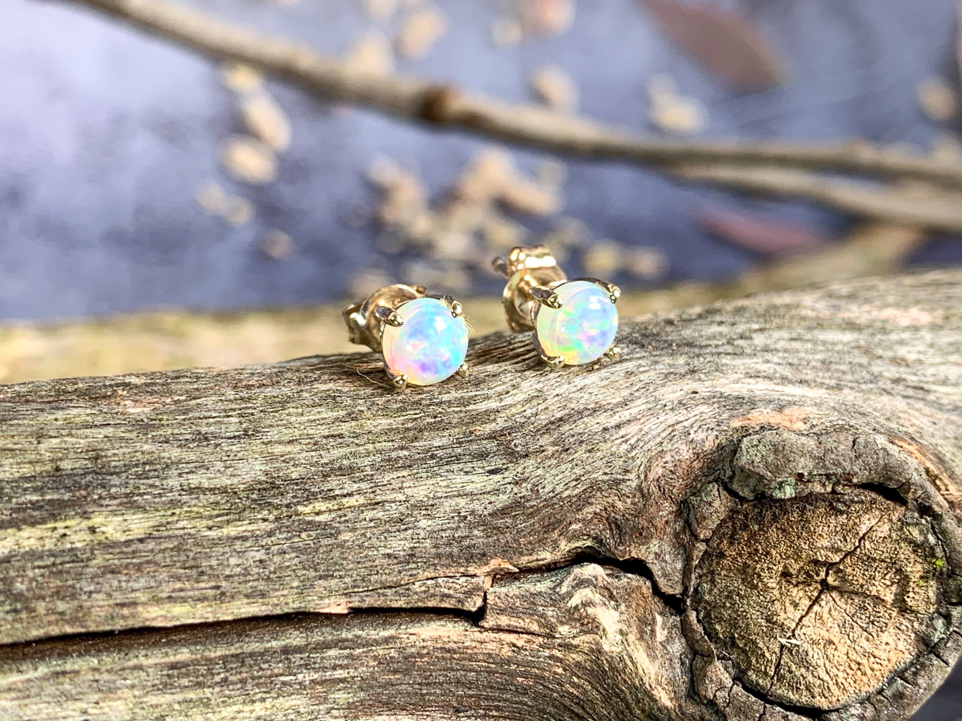 One pair of 9kt Yellow Gold 5mm Round Crystal Opal studs - Masterpiece Jewellery Opal & Gems Sydney Australia | Online Shop