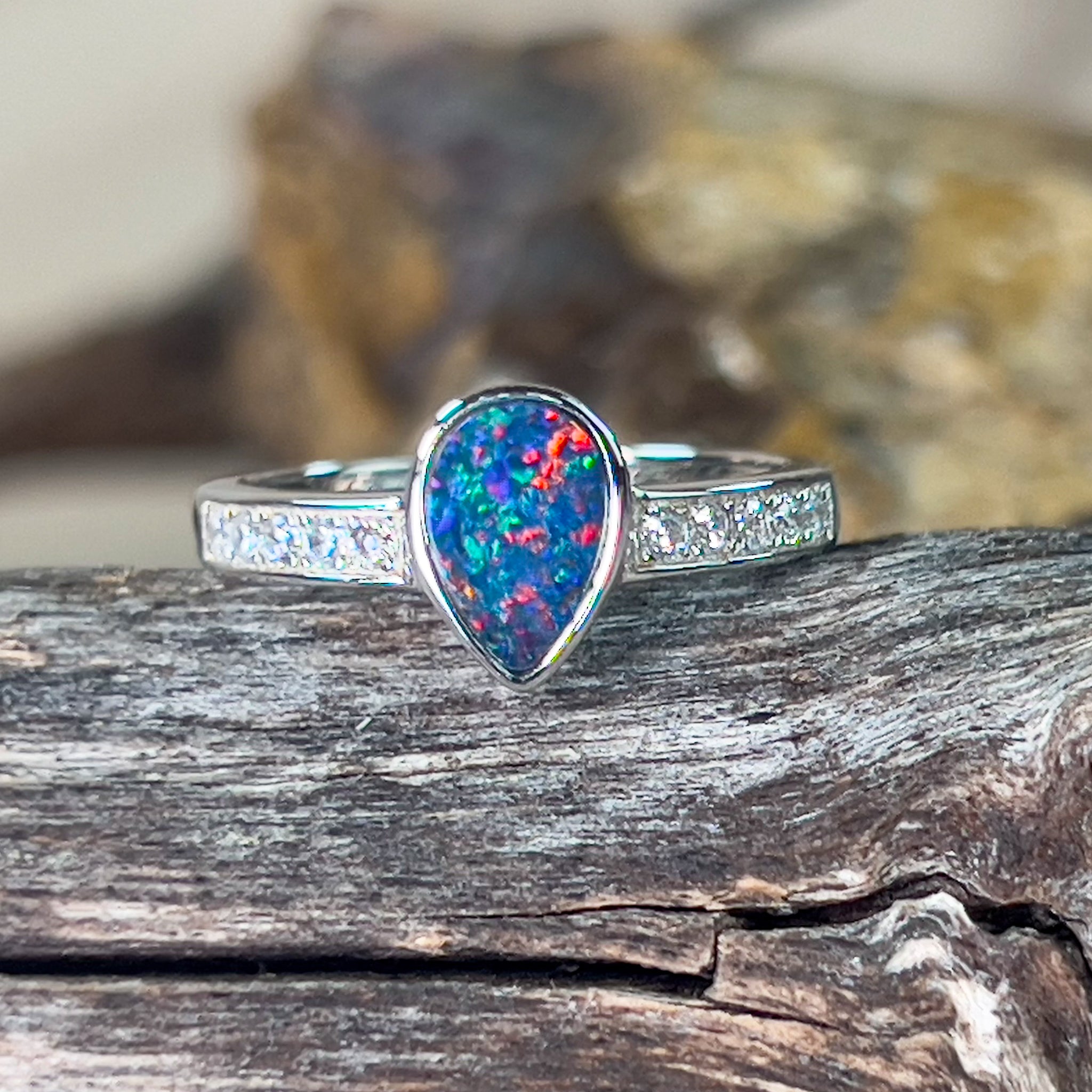 Sterling Silver pearshape Opal doublet and cubic zirconia band ring - Masterpiece Jewellery Opal & Gems Sydney Australia | Online Shop