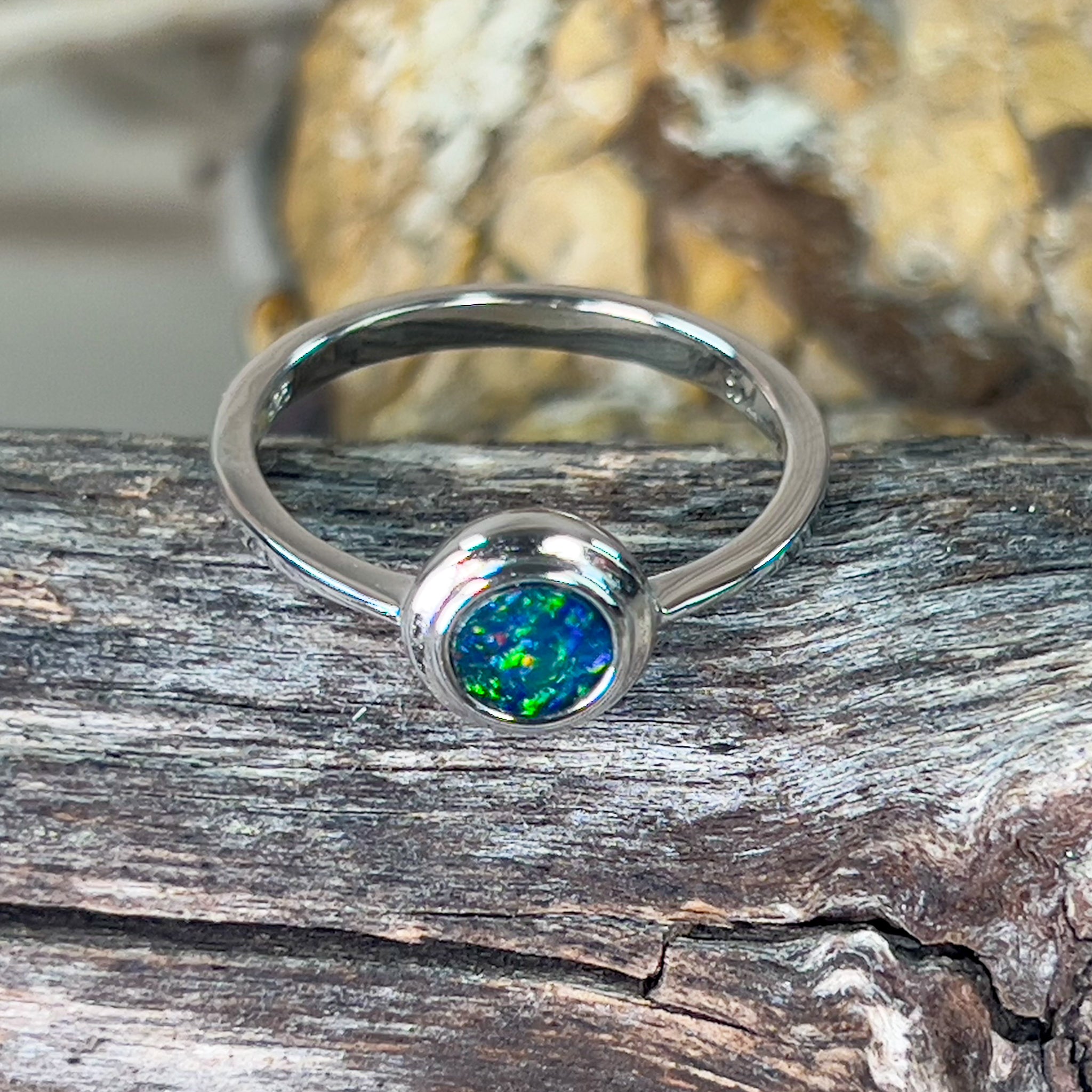 Sterling Silver round Opal doublet bezel double tier ring - Masterpiece Jewellery Opal & Gems Sydney Australia | Online Shop