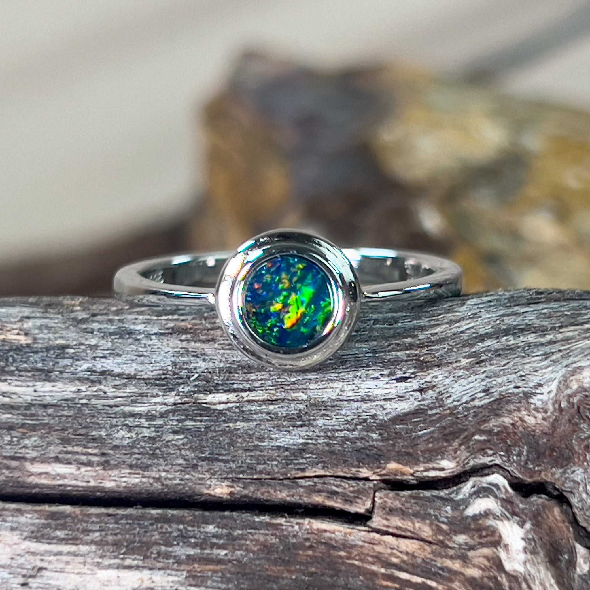 Sterling Silver round Opal doublet bezel double tier ring - Masterpiece Jewellery Opal & Gems Sydney Australia | Online Shop