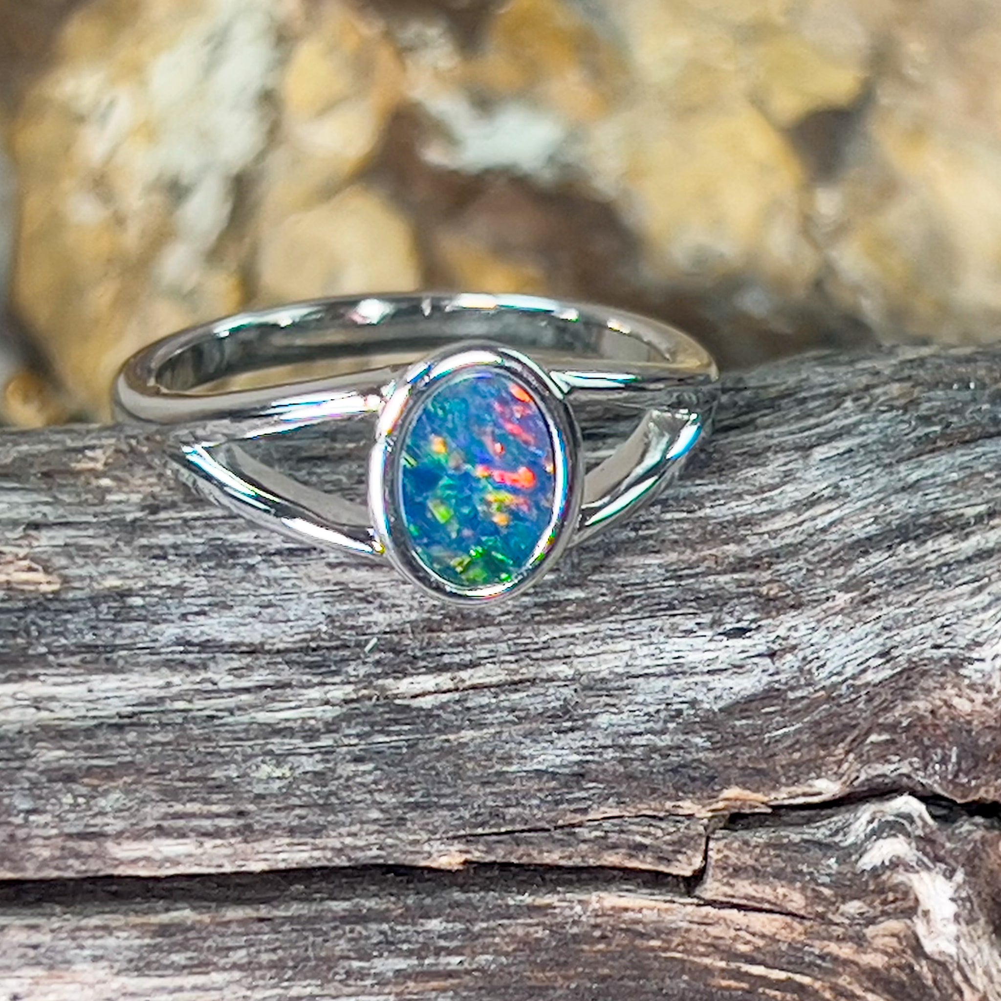 Sterling Silver oval 8x6mm Opal doublet split shank ring - Masterpiece Jewellery Opal & Gems Sydney Australia | Online Shop