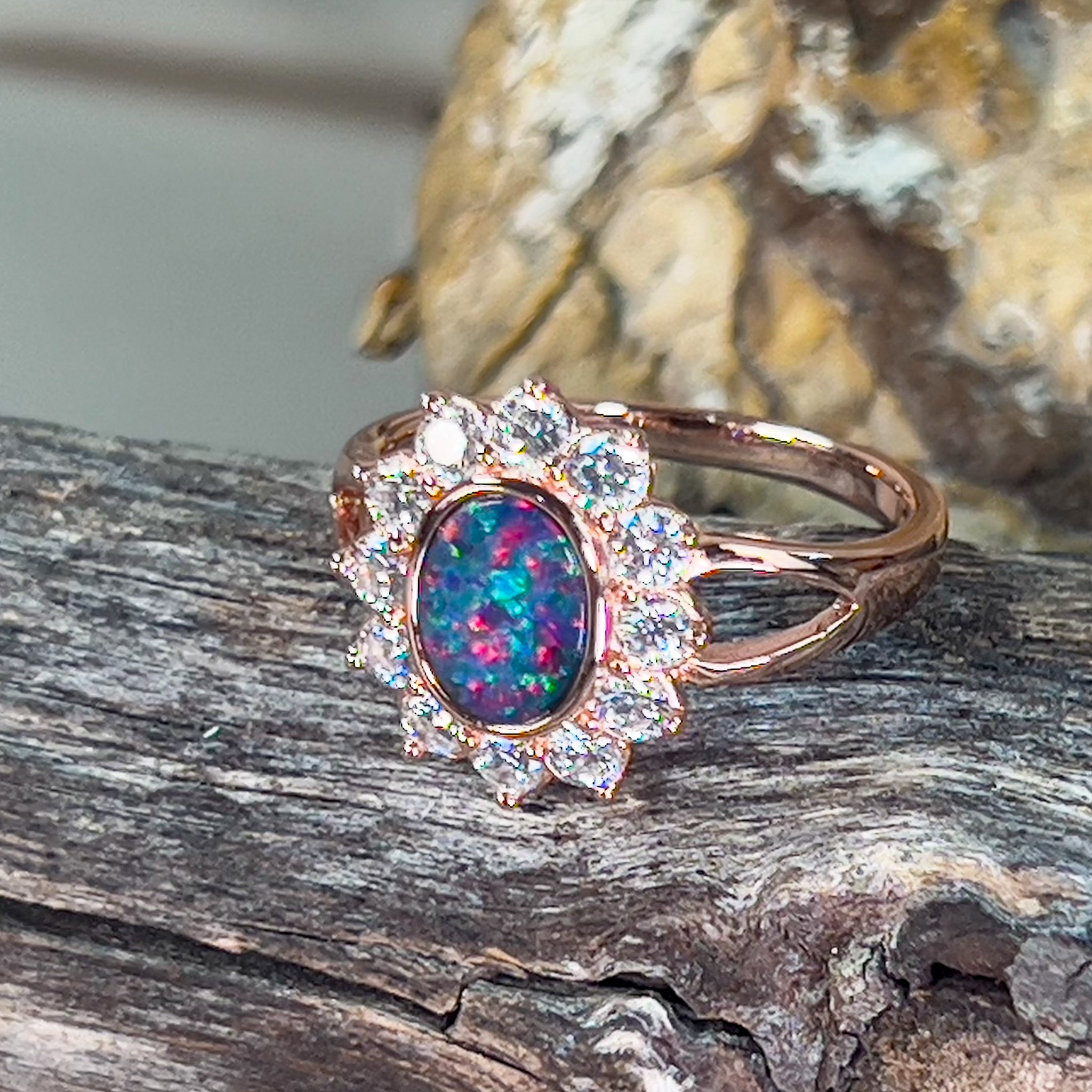 Rose Gold sterling silver cluster ring with one Opal doublet ring - Masterpiece Jewellery Opal & Gems Sydney Australia | Online Shop