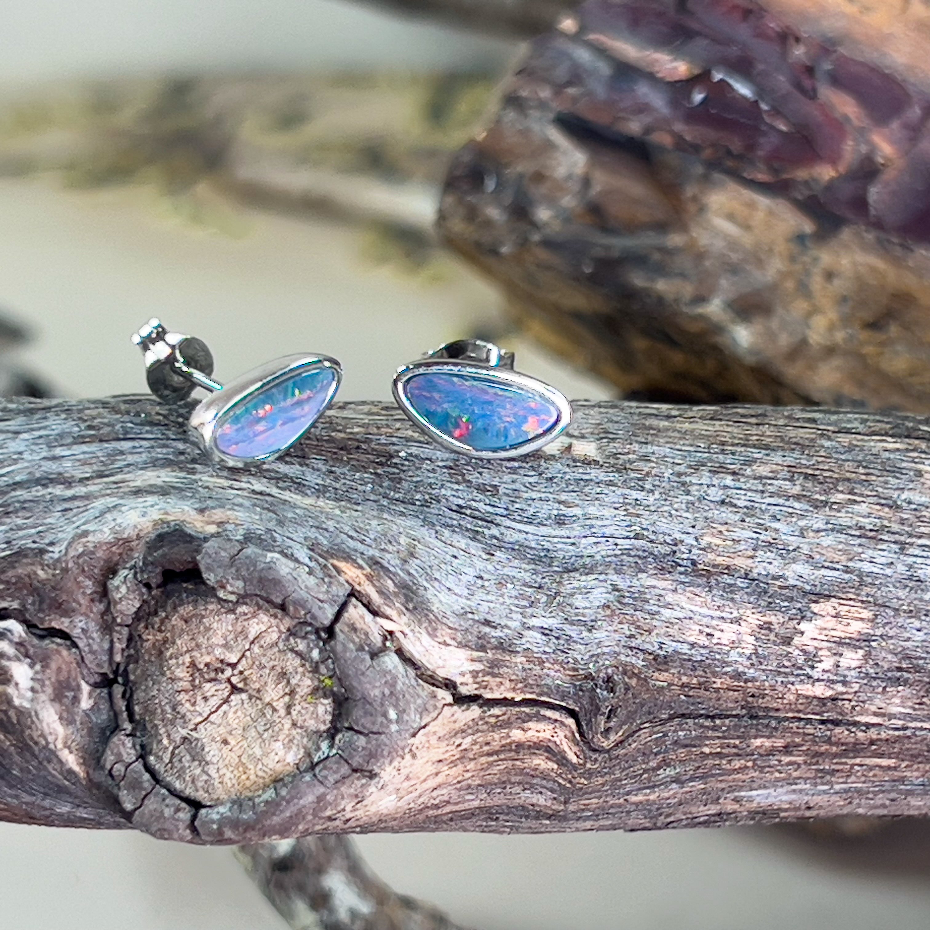 Sterling Silver freeform Opal doublet studs line pattern - Masterpiece Jewellery Opal & Gems Sydney Australia | Online Shop