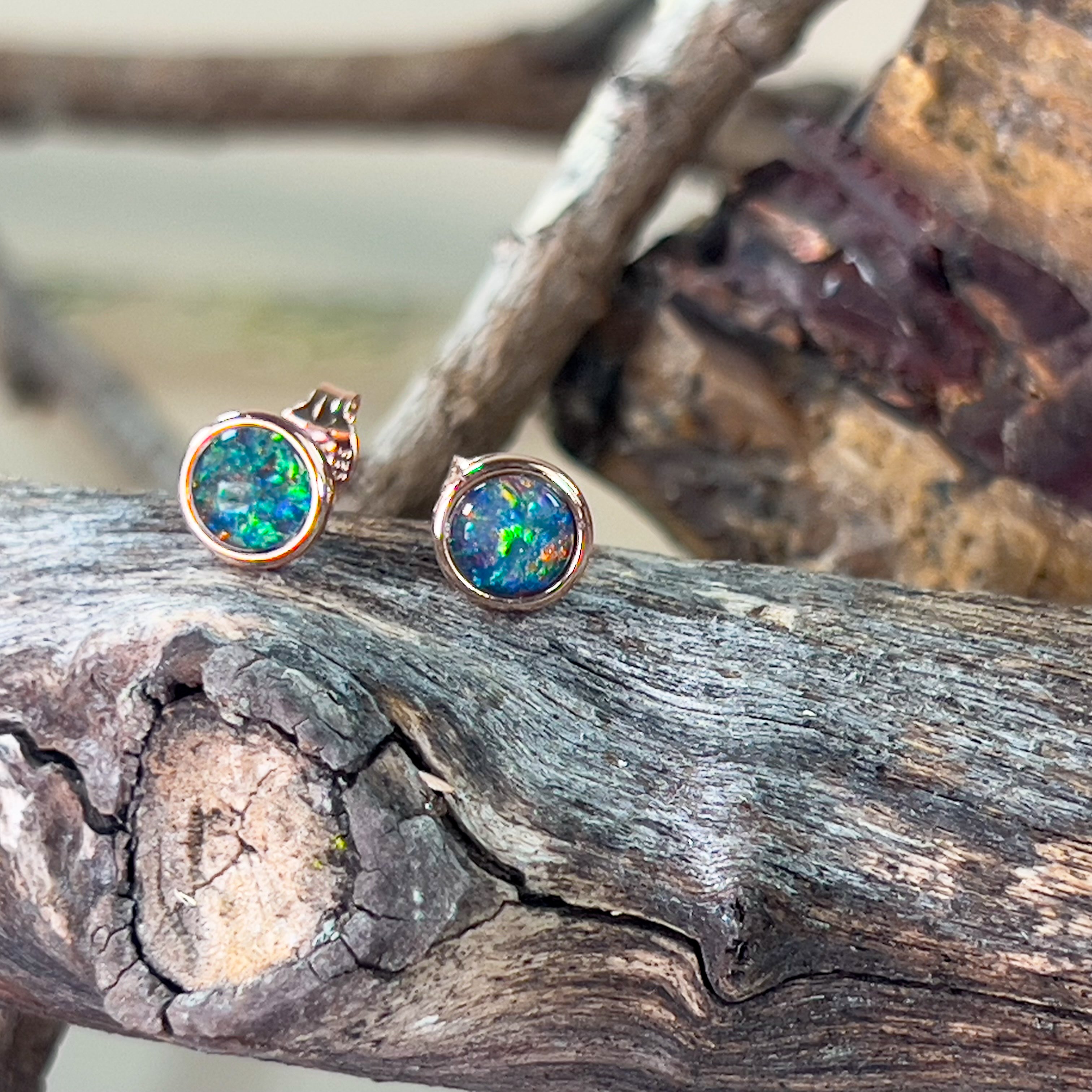 Rose Gold plated opal triplet 6mm round studs - Masterpiece Jewellery Opal & Gems Sydney Australia | Online Shop