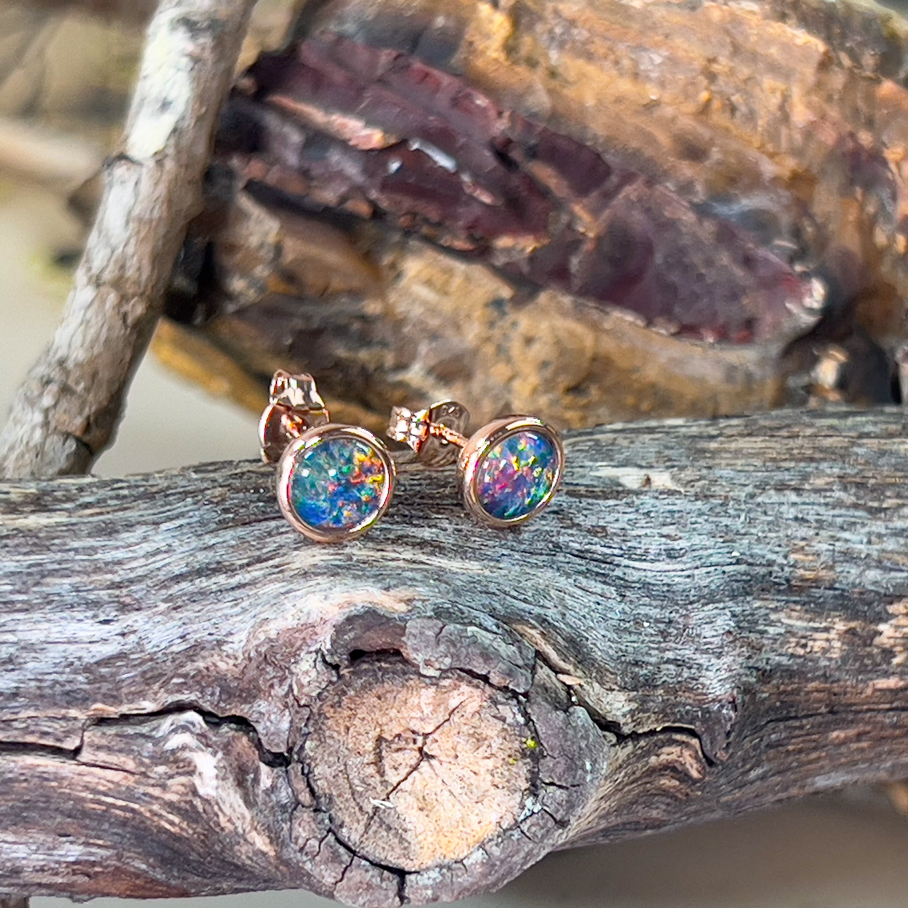 Rose Gold plated opal triplet 6mm round studs - Masterpiece Jewellery Opal & Gems Sydney Australia | Online Shop