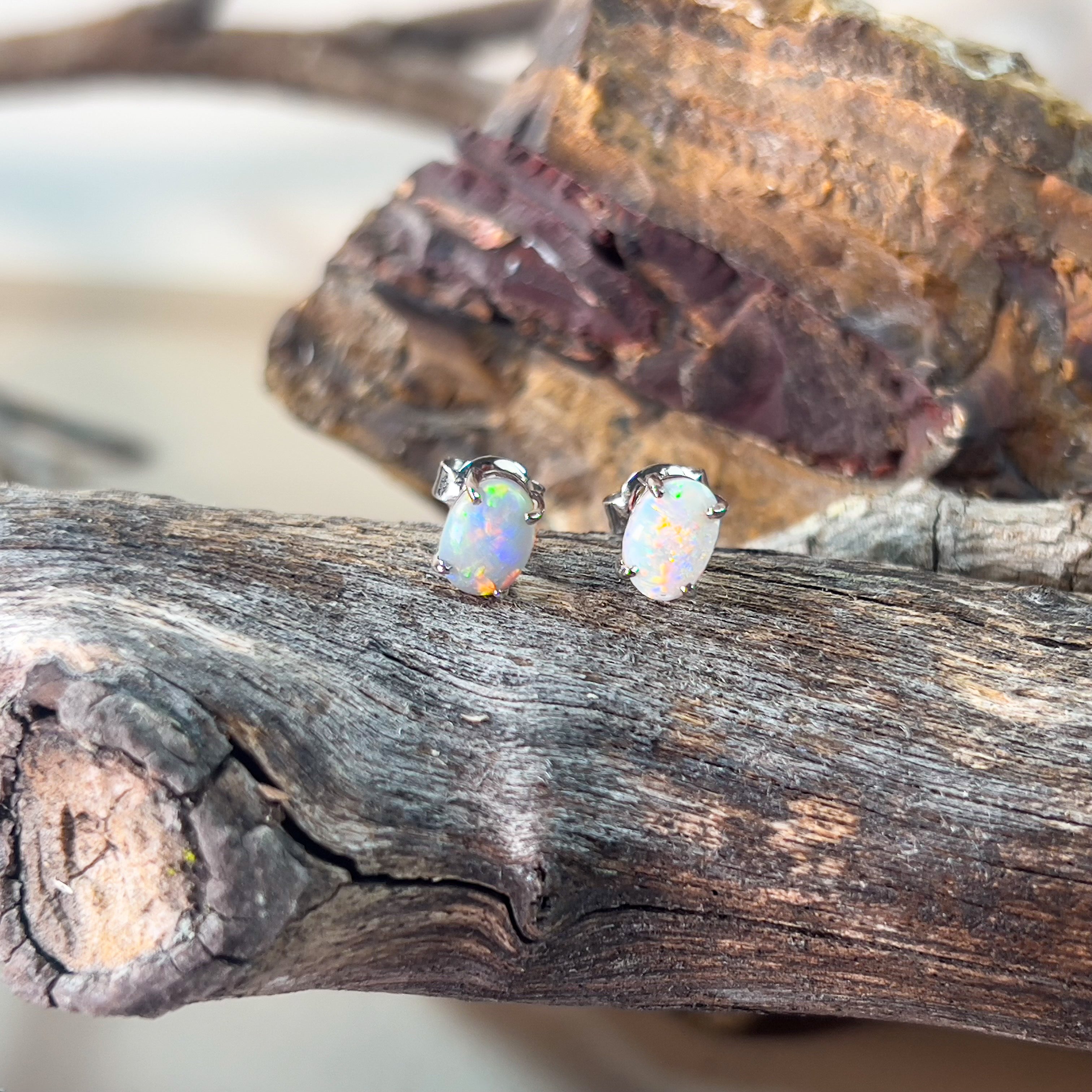 14kt White Gold Black Opal studs Red colours 1.11ct - Masterpiece Jewellery Opal & Gems Sydney Australia | Online Shop