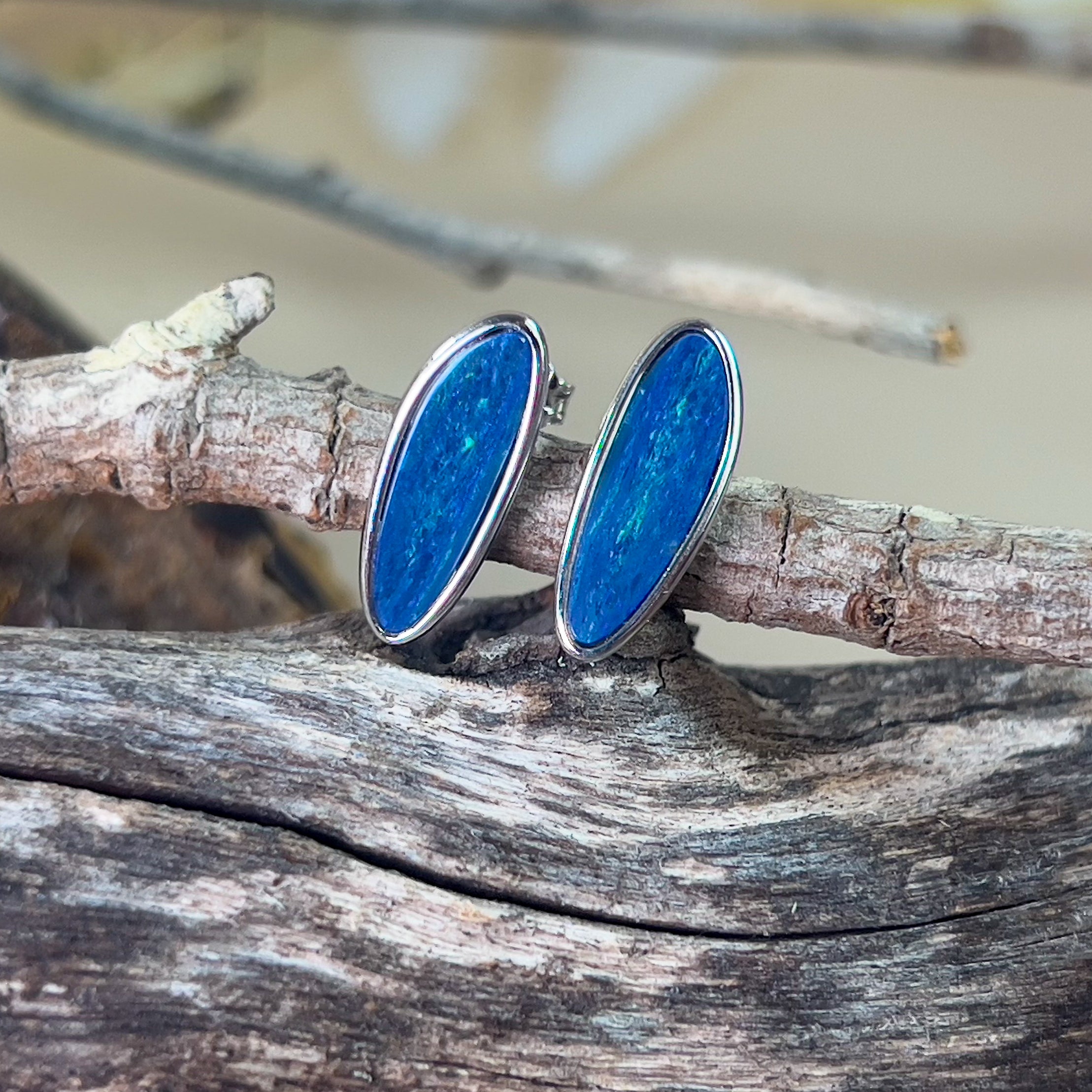 Sterling Silver long studs Blue opal doublets bezel set - Masterpiece Jewellery Opal & Gems Sydney Australia | Online Shop