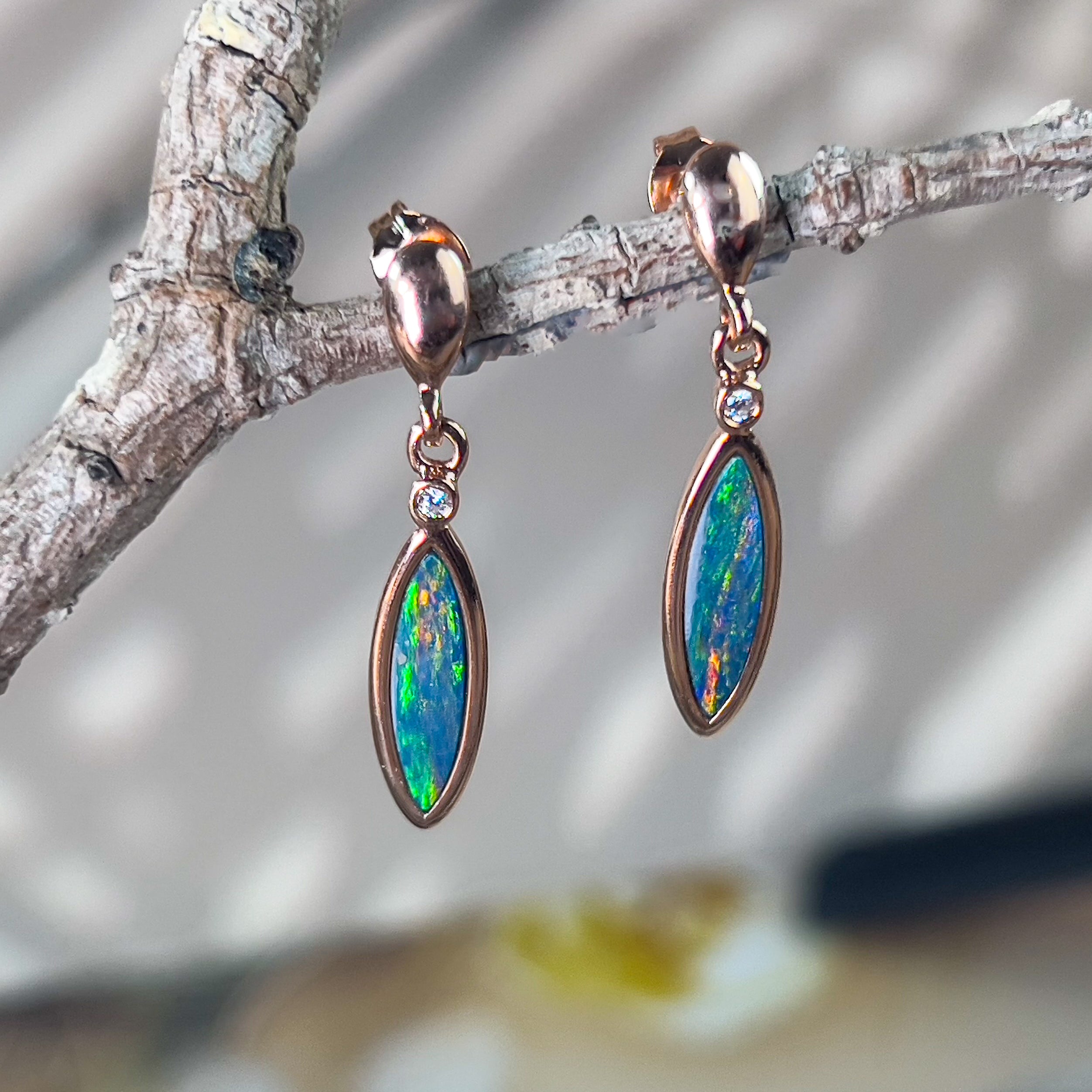 Rose Gold plated Sterling silver dangling marquise shape Opal doublets and cubic zirconia earrings - Masterpiece Jewellery Opal & Gems Sydney Australia | Online Shop