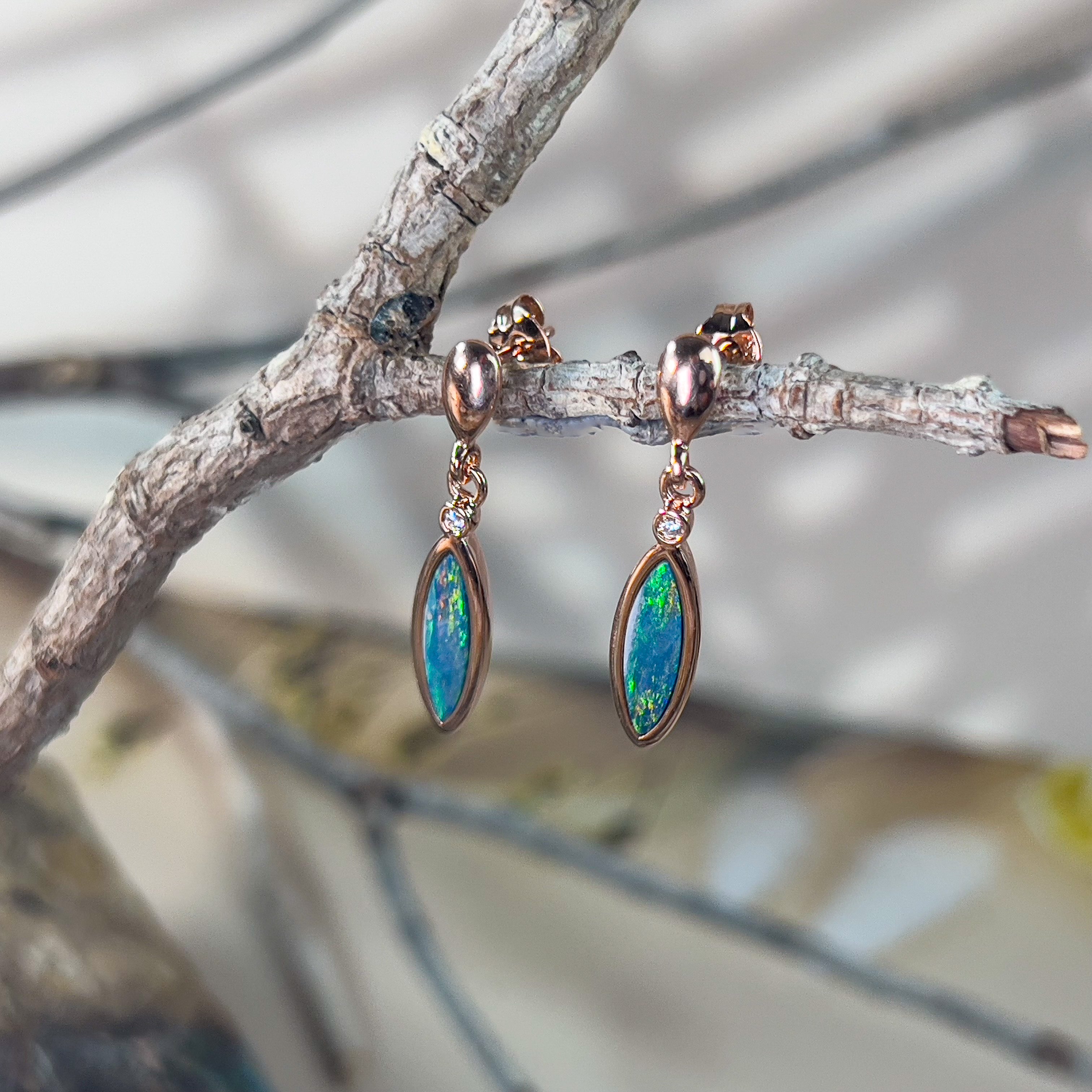 Rose Gold plated Sterling silver dangling marquise shape Opal doublets and cubic zirconia earrings - Masterpiece Jewellery Opal & Gems Sydney Australia | Online Shop