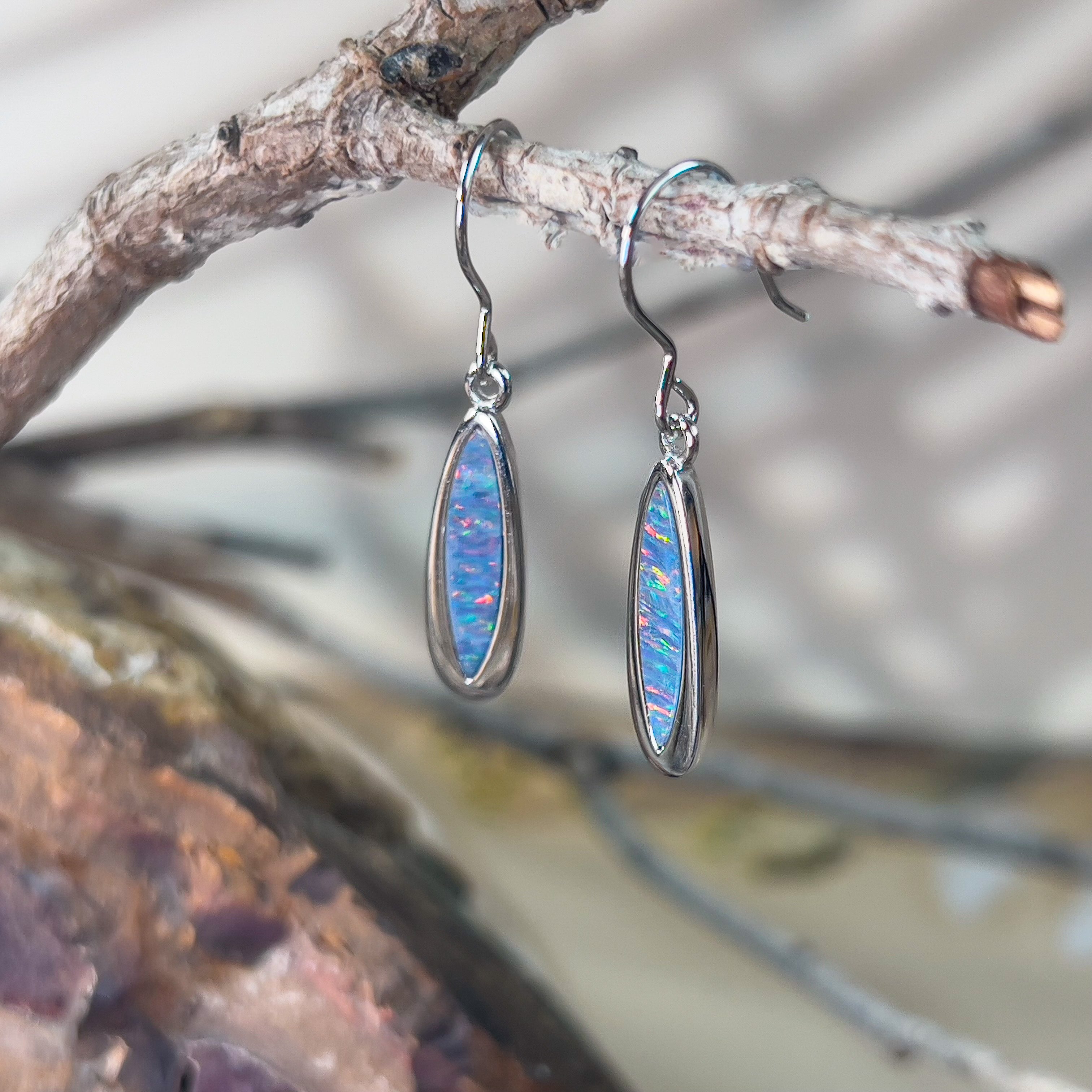 Sterling Silver dangling pearshape earrings Opal doublets - Masterpiece Jewellery Opal & Gems Sydney Australia | Online Shop