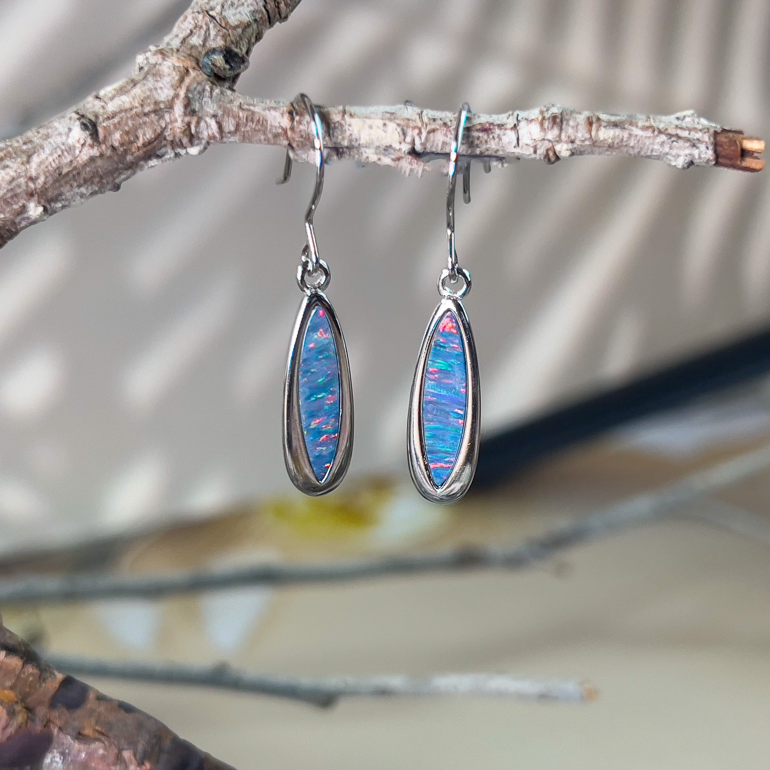 Sterling Silver dangling pearshape earrings Opal doublets - Masterpiece Jewellery Opal & Gems Sydney Australia | Online Shop