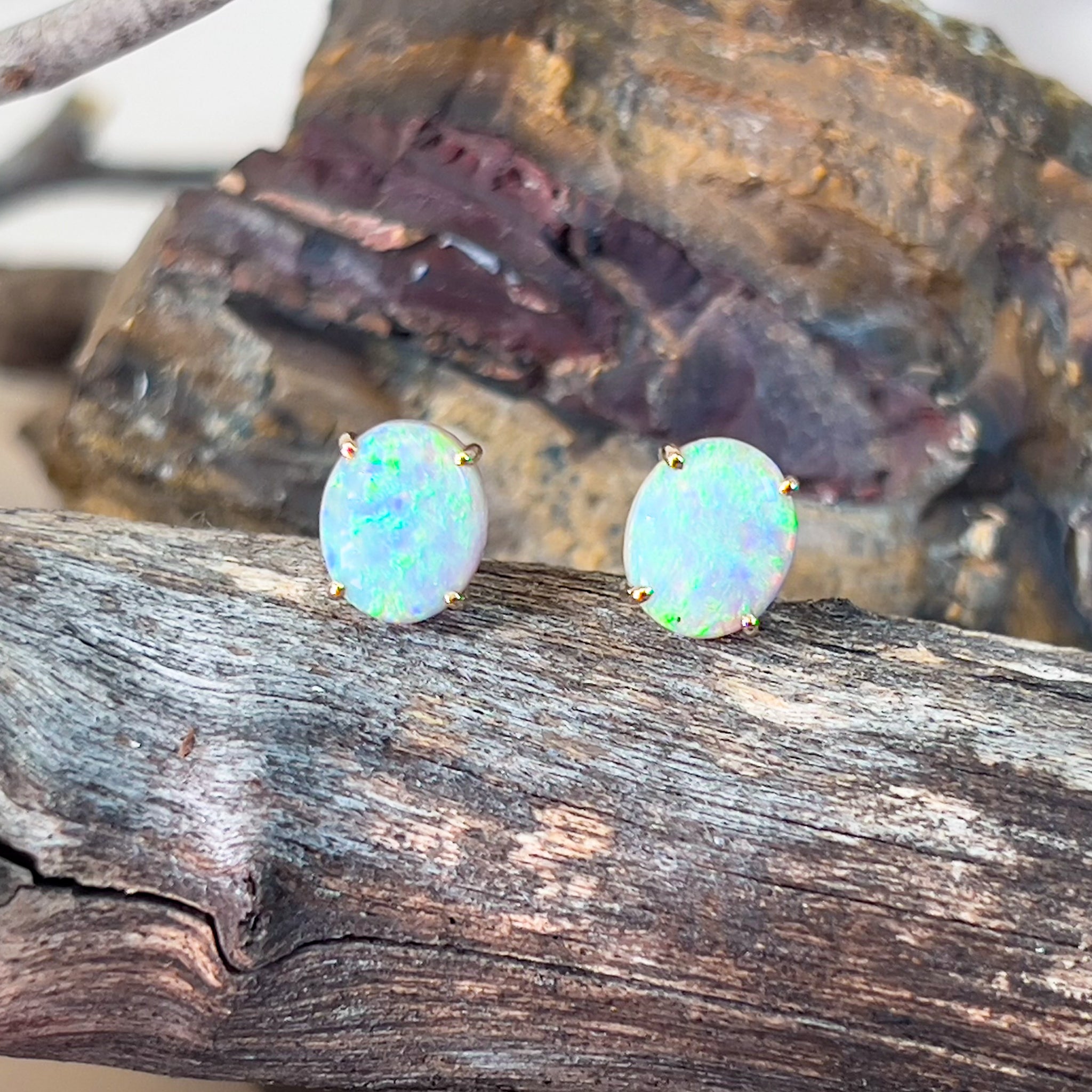 14kt Yellow Gold pair of black opal 2.53ct claw set earrings - Masterpiece Jewellery Opal & Gems Sydney Australia | Online Shop