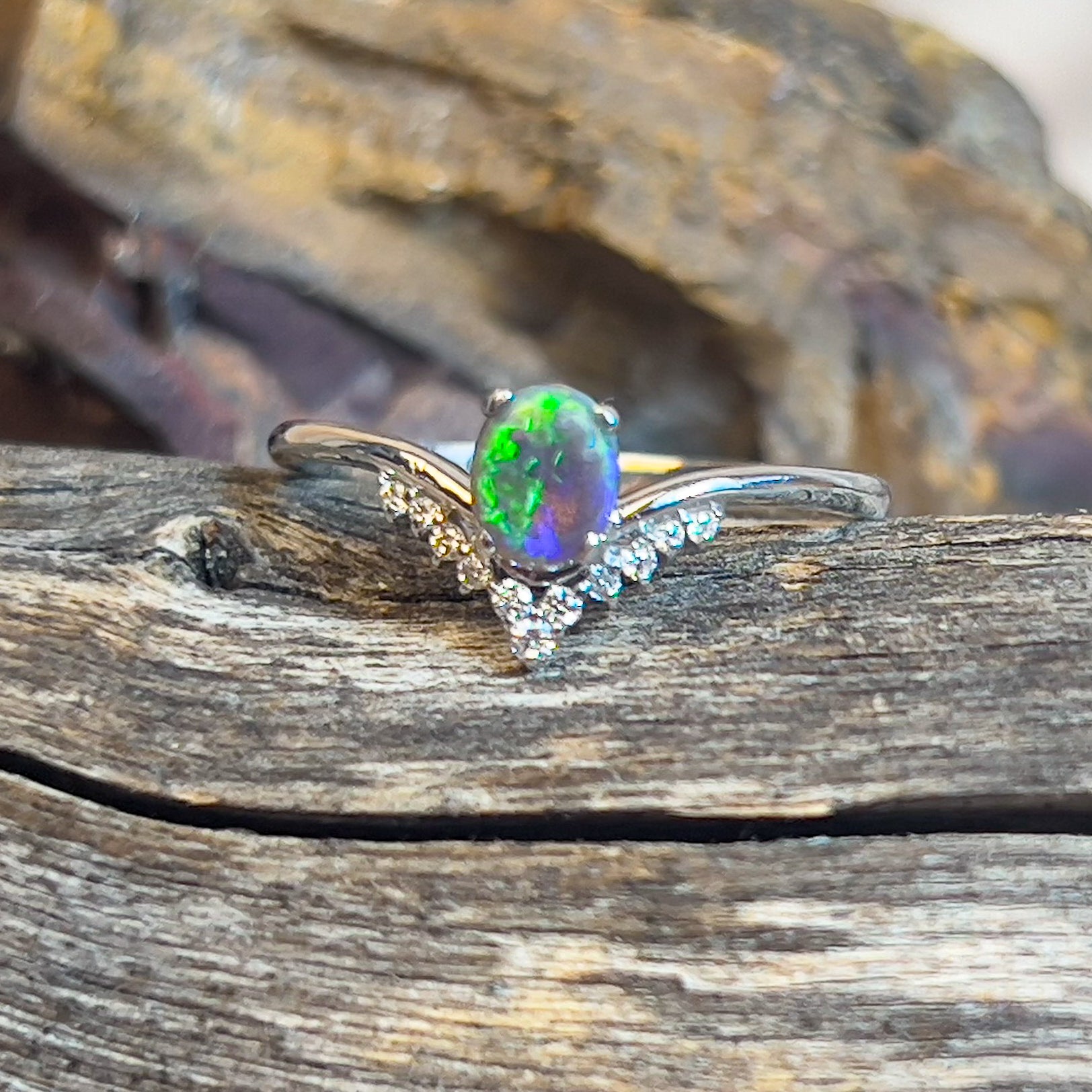 14kt White Gold V-shape Black Opal and diamond ring - Masterpiece Jewellery Opal & Gems Sydney Australia | Online Shop