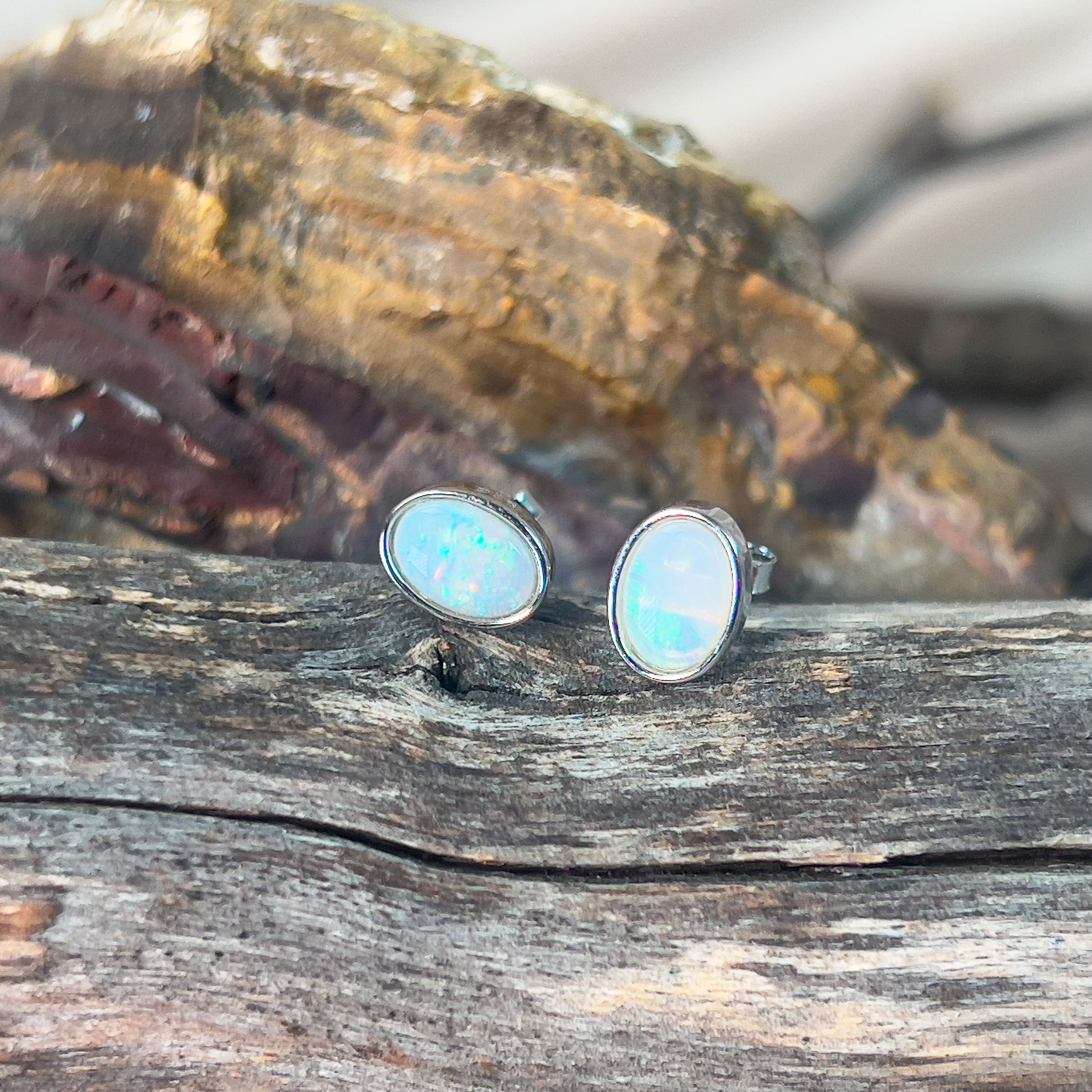 Sterling Silver 7x5mm White Opal bezel set studs - Masterpiece Jewellery Opal & Gems Sydney Australia | Online Shop