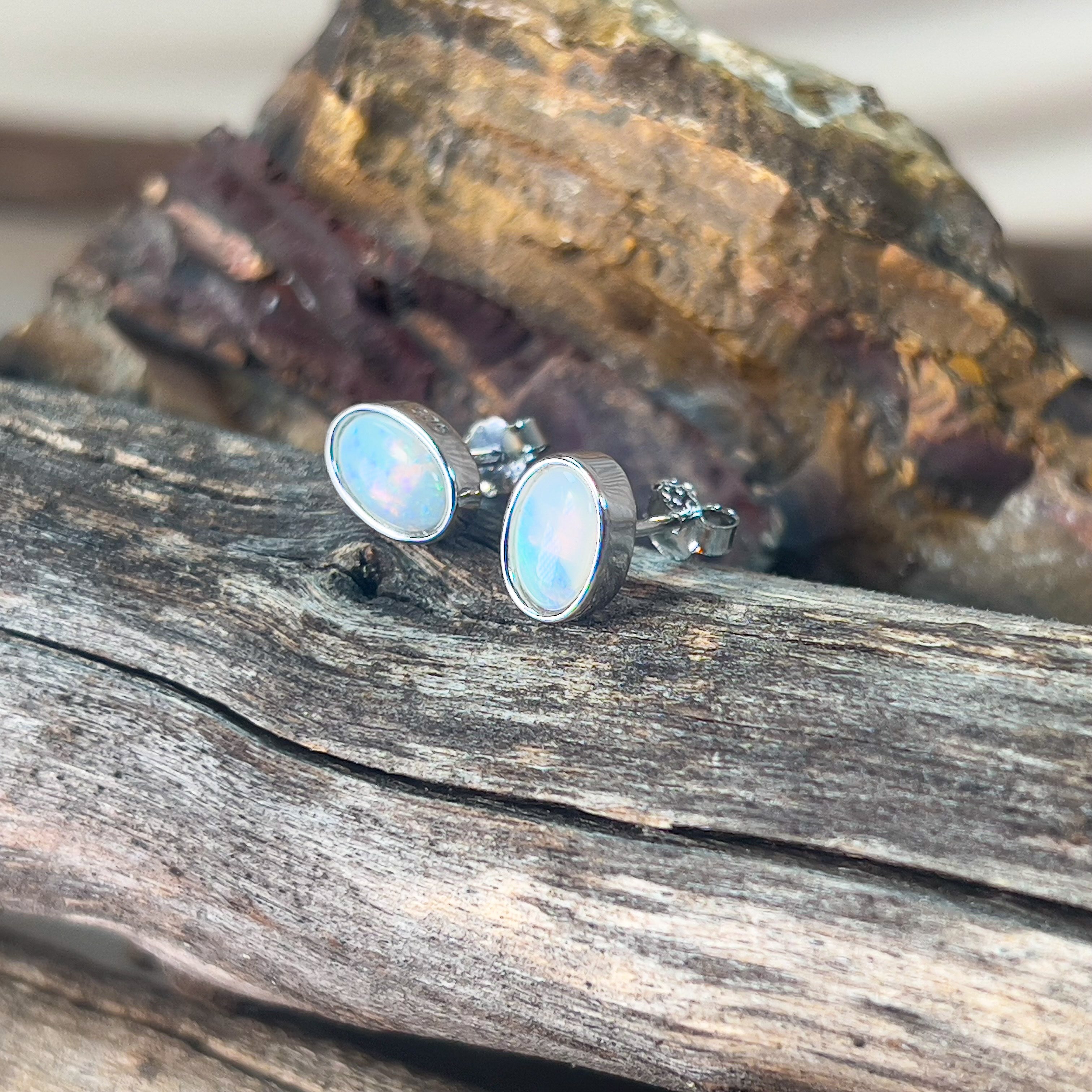 Sterling Silver 7x5mm White Opal bezel set studs - Masterpiece Jewellery Opal & Gems Sydney Australia | Online Shop