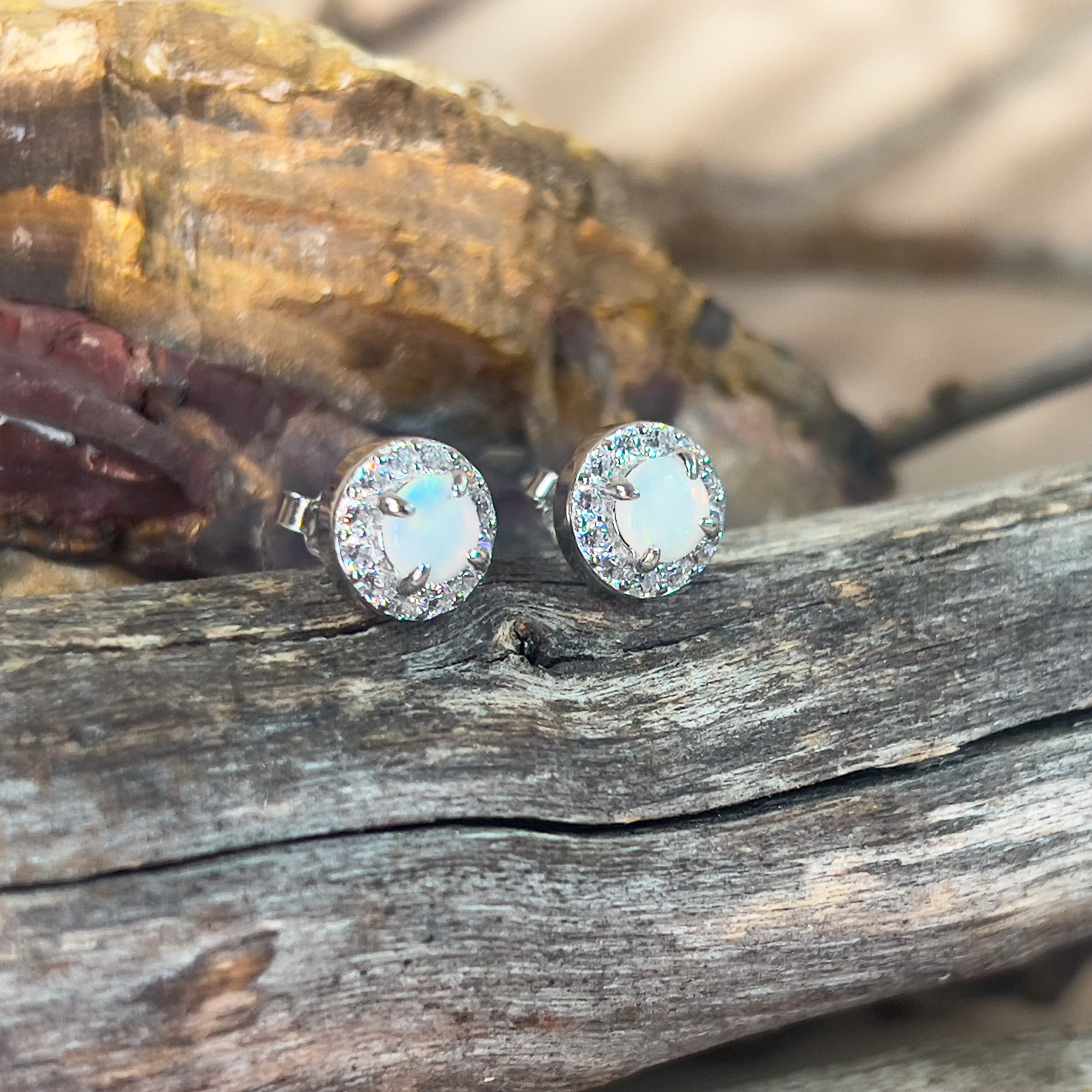 Sterling Silver White Opal 5mm halo studs - Masterpiece Jewellery Opal & Gems Sydney Australia | Online Shop