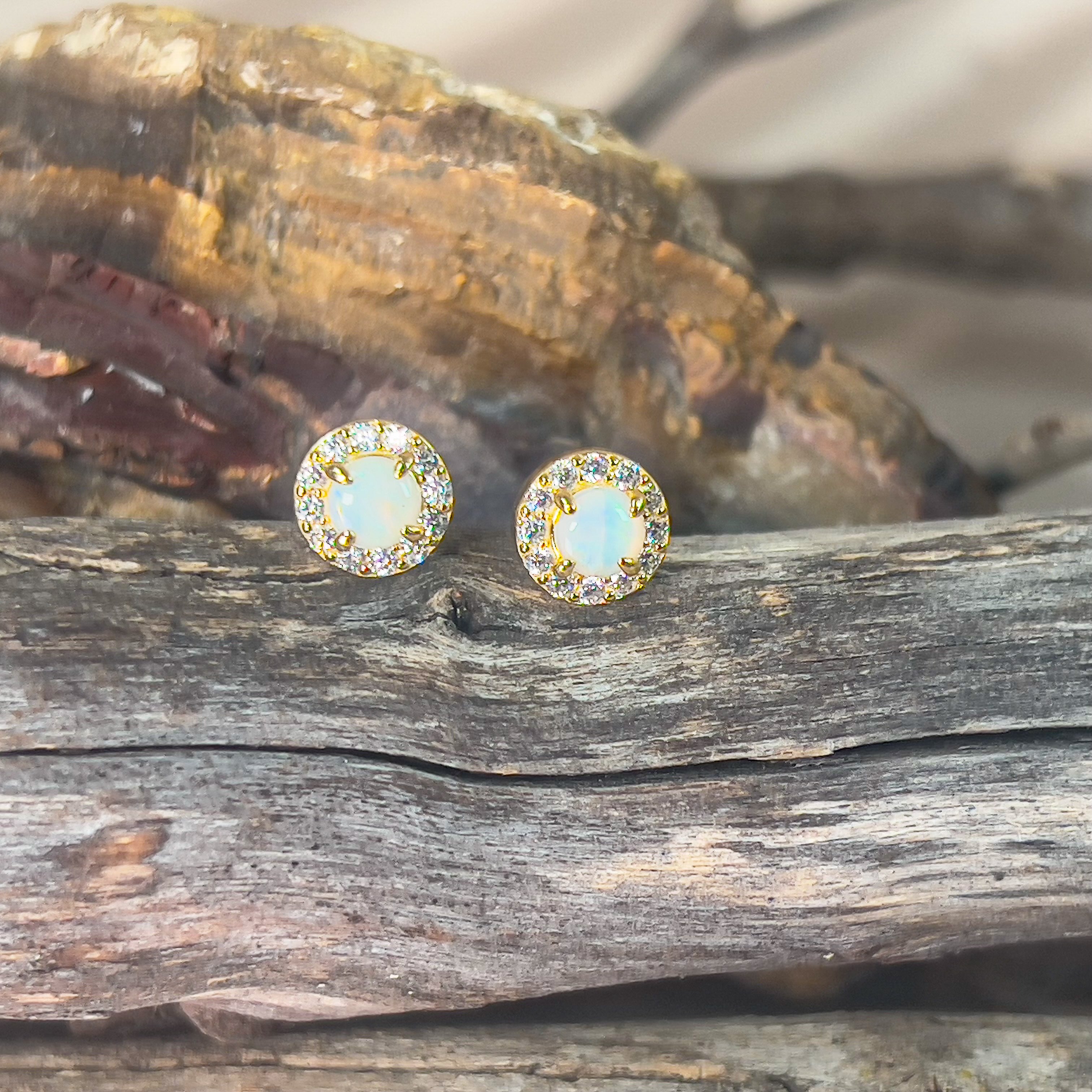 Gold plated Sterling Silver 5mm Light Opal halo studs - Masterpiece Jewellery Opal & Gems Sydney Australia | Online Shop