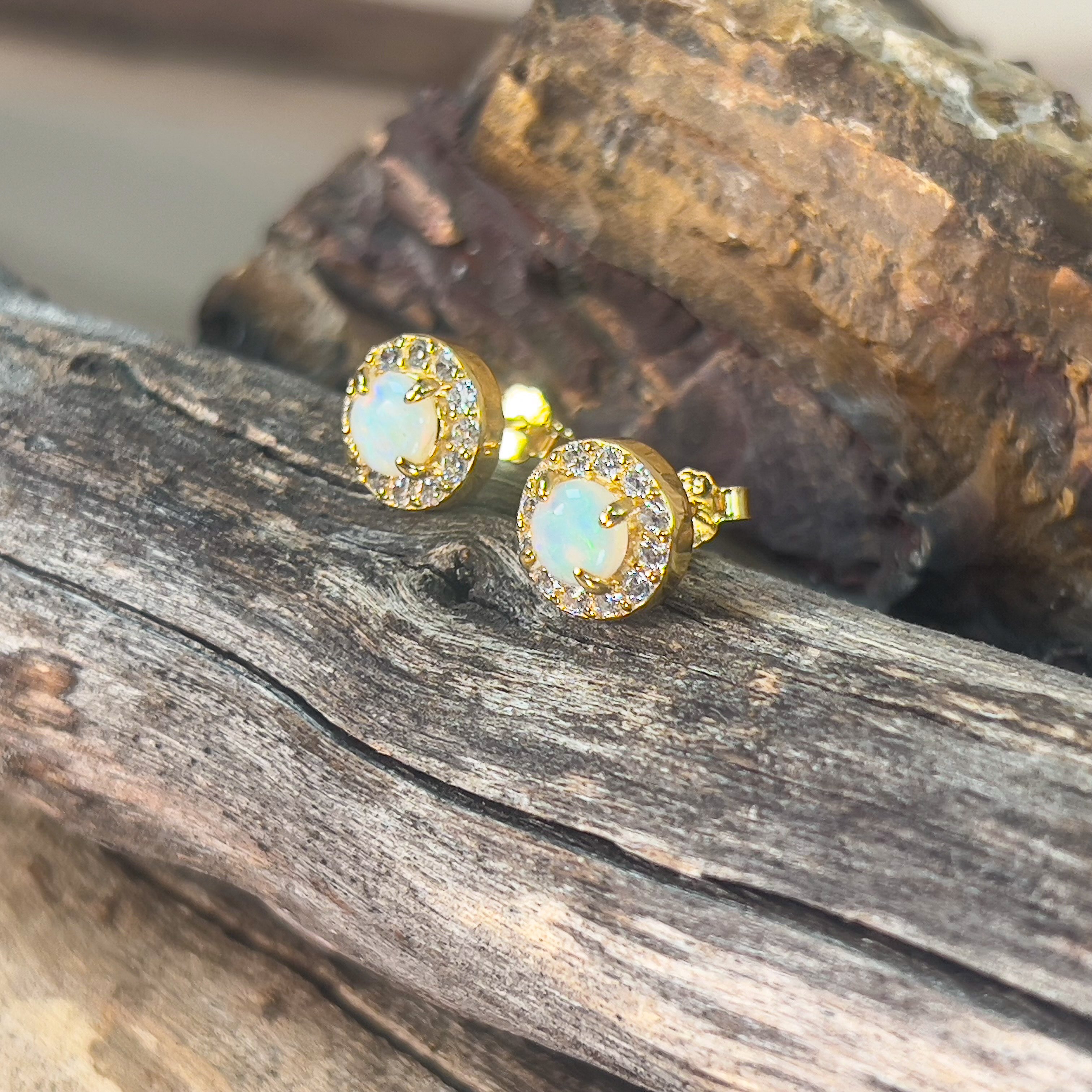 Gold plated Sterling Silver 5mm Light Opal halo studs - Masterpiece Jewellery Opal & Gems Sydney Australia | Online Shop