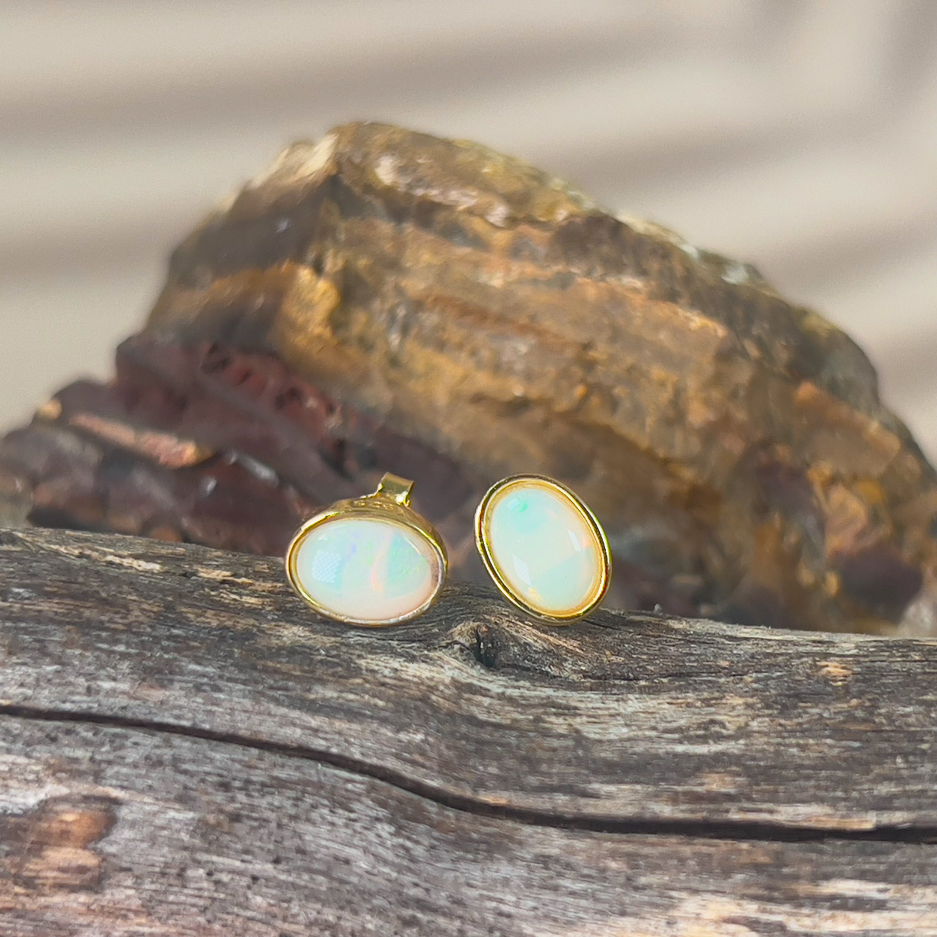 Gold plated sterling silver 7x5mm Light Opal bezel studs - Masterpiece Jewellery Opal & Gems Sydney Australia | Online Shop