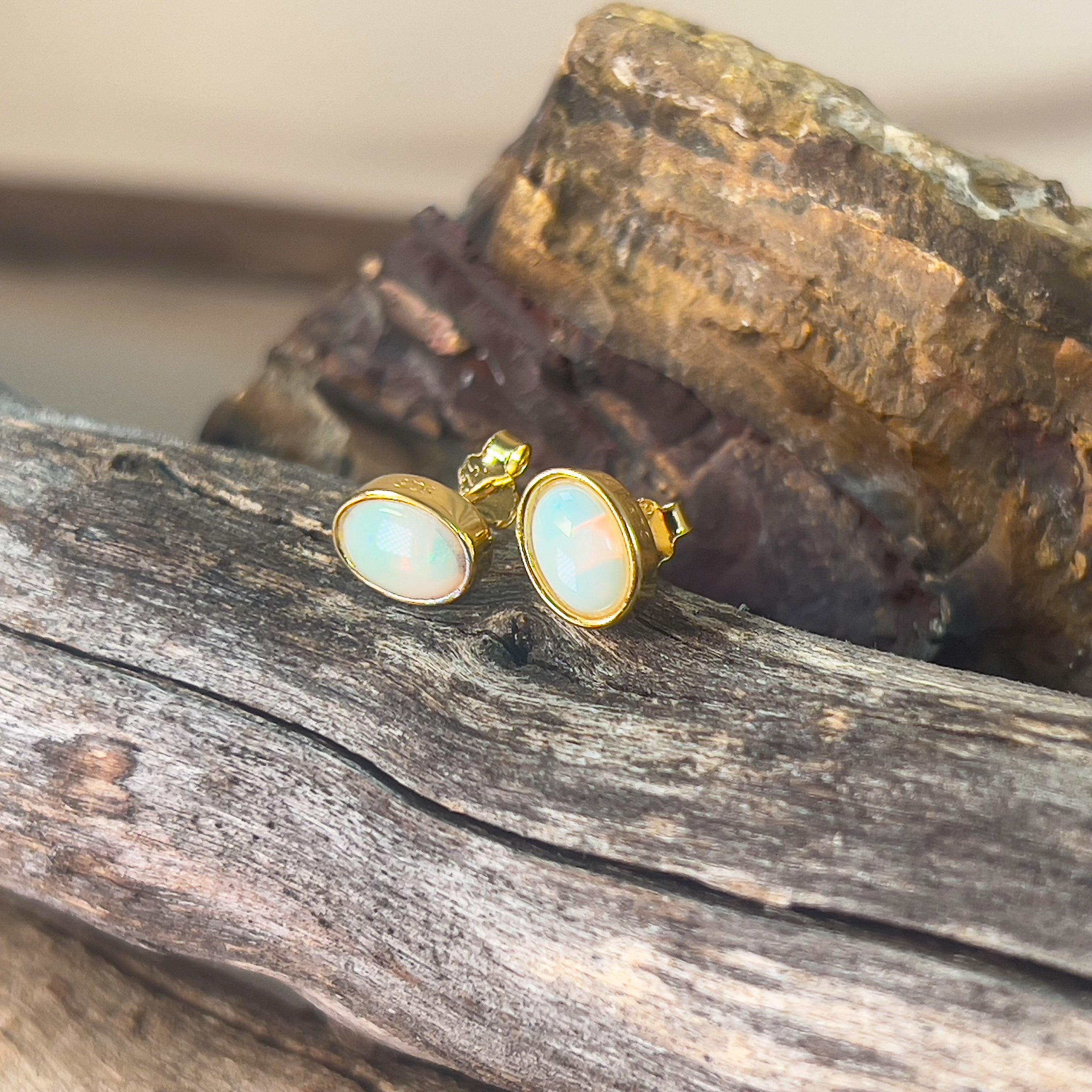 Gold plated sterling silver 7x5mm Light Opal bezel studs - Masterpiece Jewellery Opal & Gems Sydney Australia | Online Shop