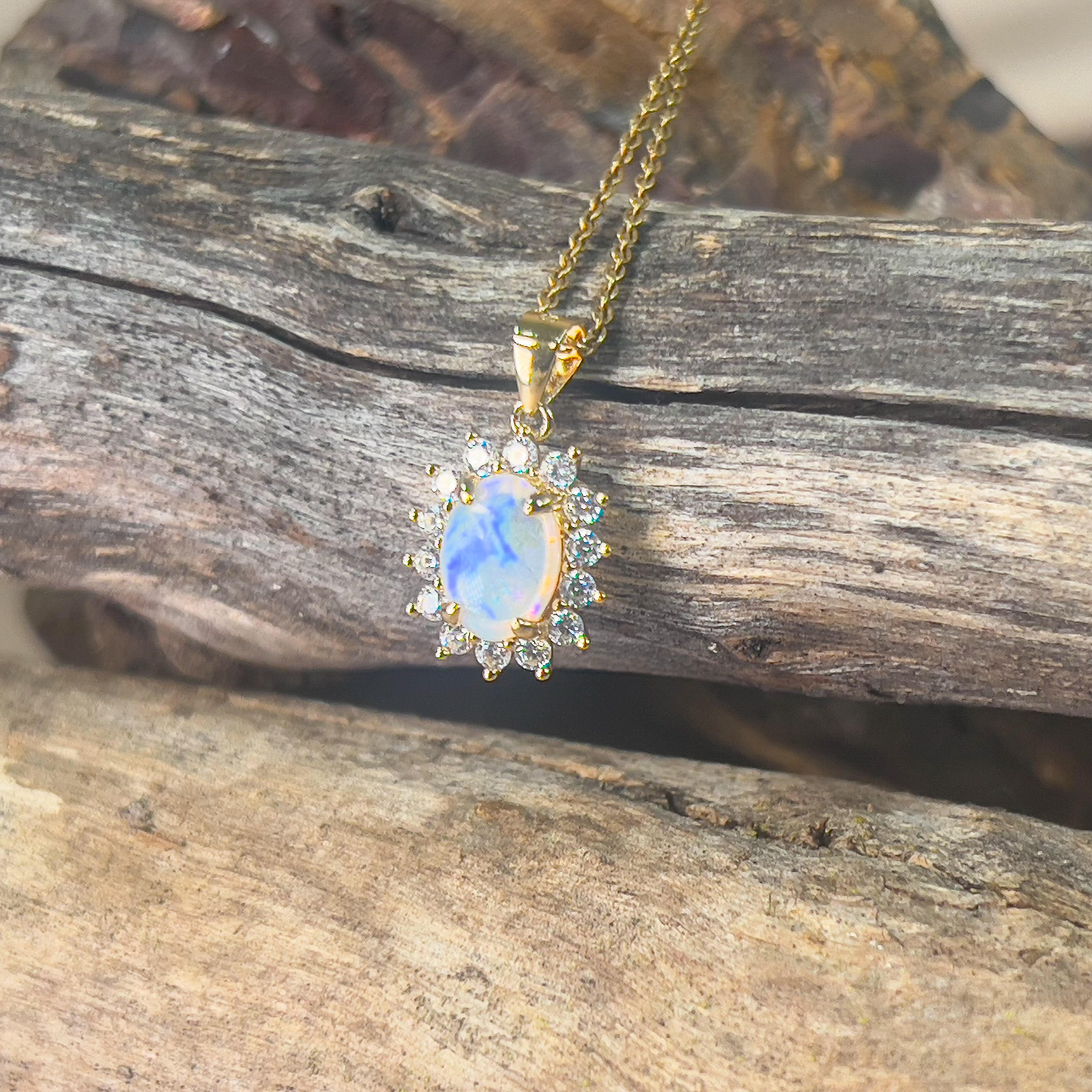 Gold plated Sterling Silver 8x6mm Light Opal cluster pendant - Masterpiece Jewellery Opal & Gems Sydney Australia | Online Shop