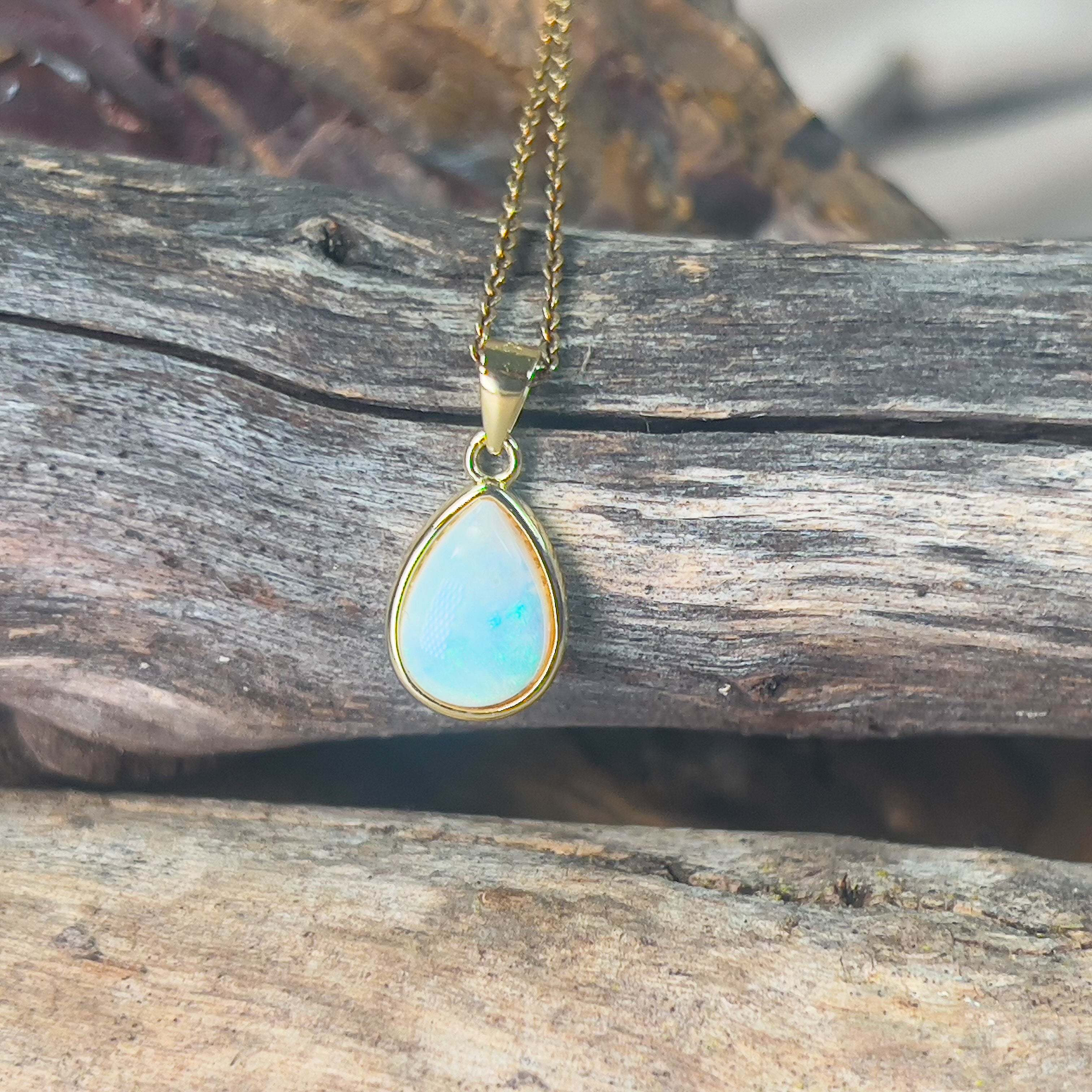 Gold plated Sterling Silver 10x7mm White opal bezel set pendant - Masterpiece Jewellery Opal & Gems Sydney Australia | Online Shop