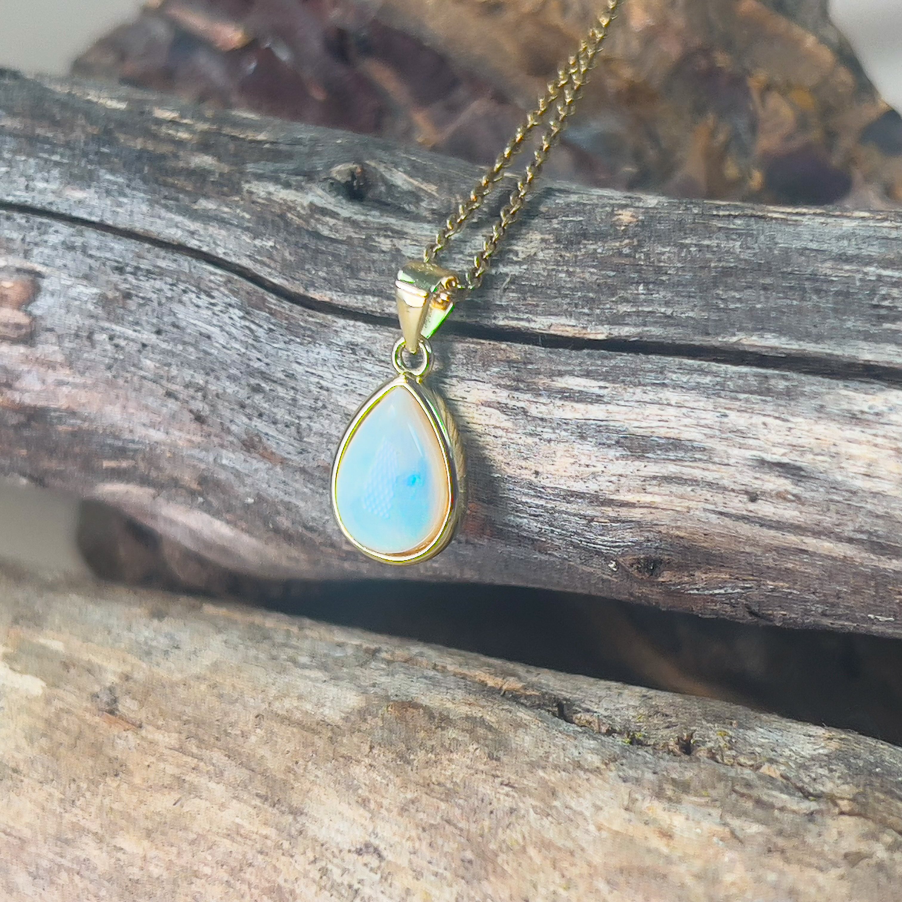 Gold plated Sterling Silver 10x7mm White opal bezel set pendant - Masterpiece Jewellery Opal & Gems Sydney Australia | Online Shop