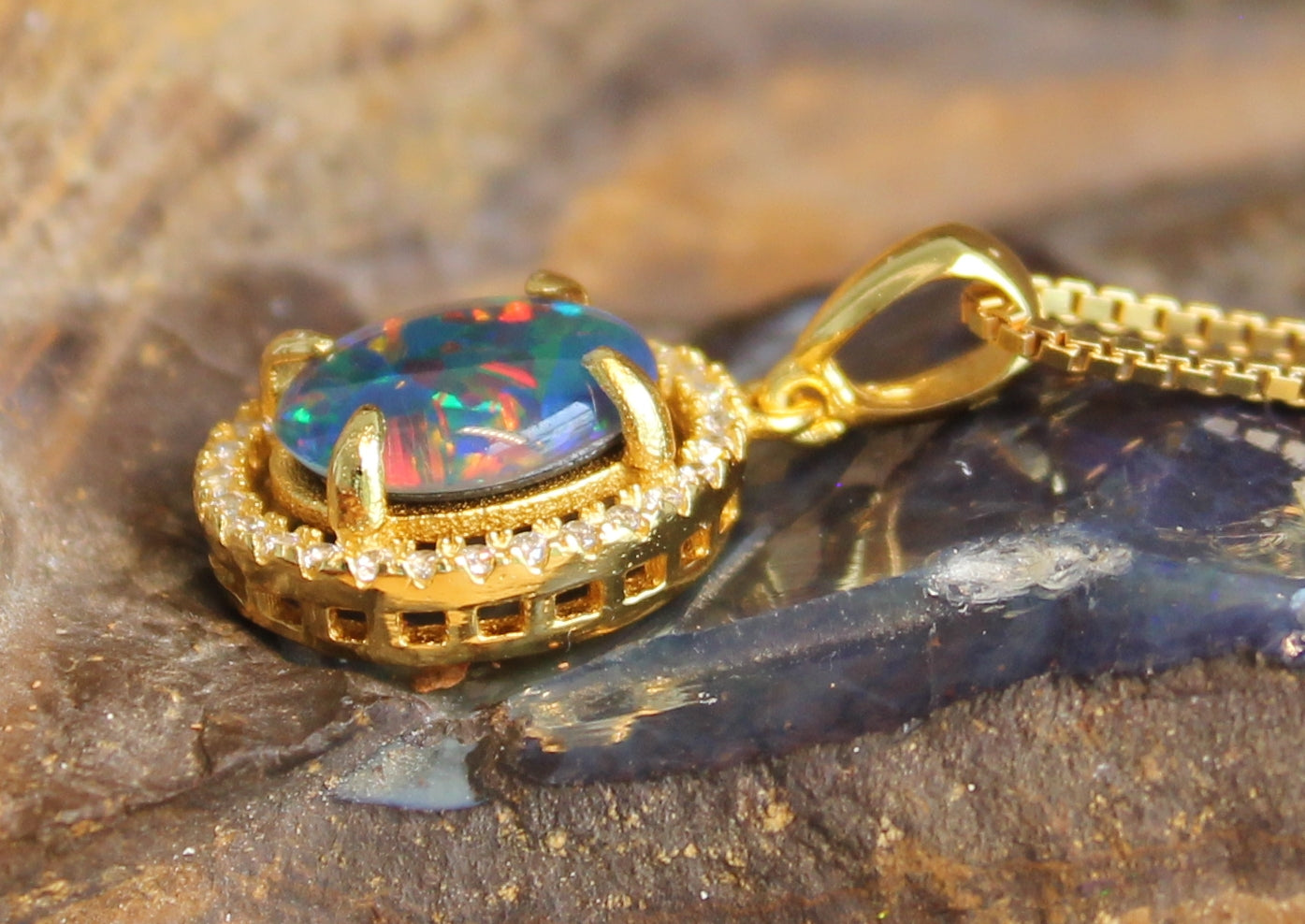 Sterling Silver Gold Plated halo Opal Triplet pendant - Masterpiece Jewellery Opal & Gems Sydney Australia | Online Shop