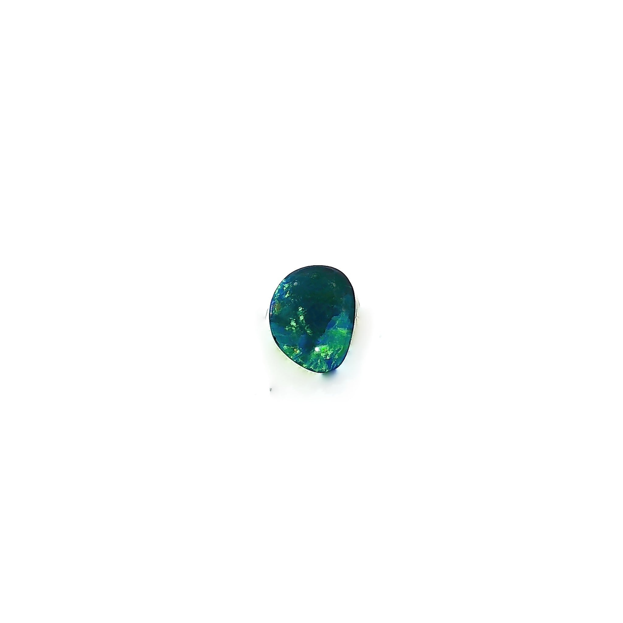 Australian opal doublet 0.65ct freeform, deep teal with a green flash, on a white background