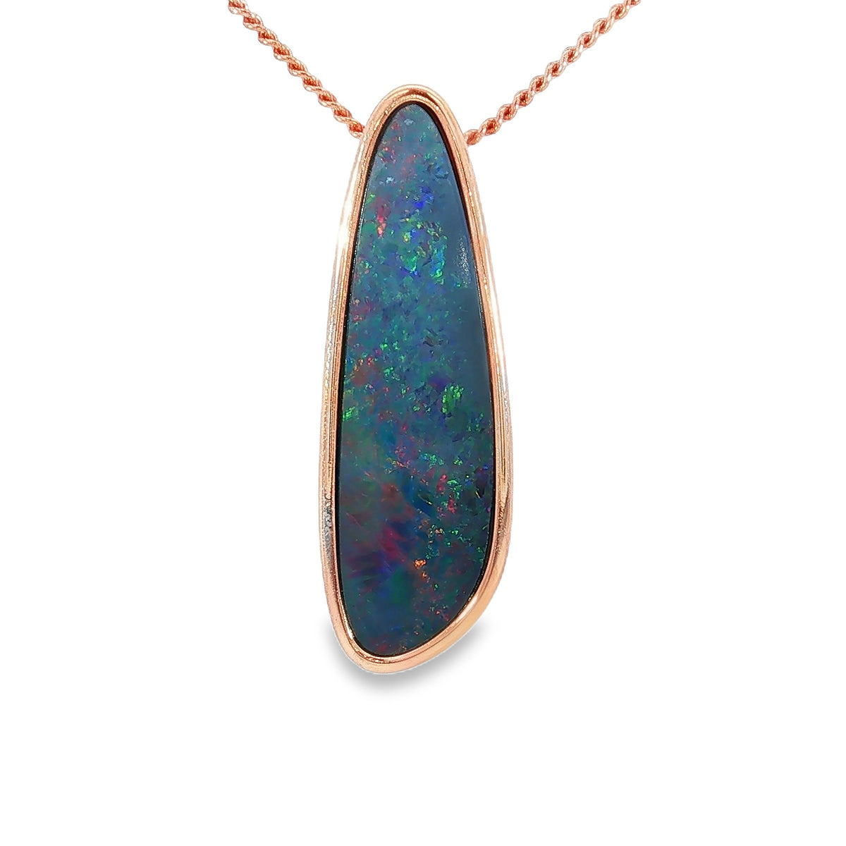 27 x 8mm freeform Australian opal doublet pendant in rose gold-plated silver