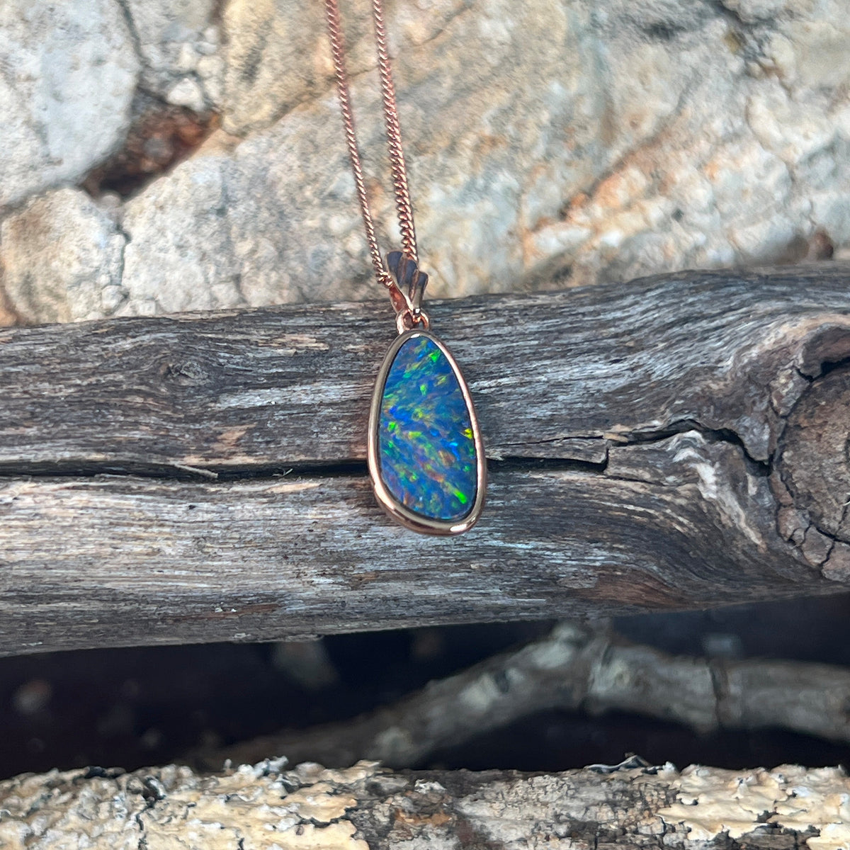 Australian opal doublet pendant handcrafted in Sydney, rose gold-plated silver, 15 x 7.5mm marquise stone