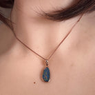 marquise Australian opal doublet pendant worn, rose gold-plated silver, red, blue, green and violet