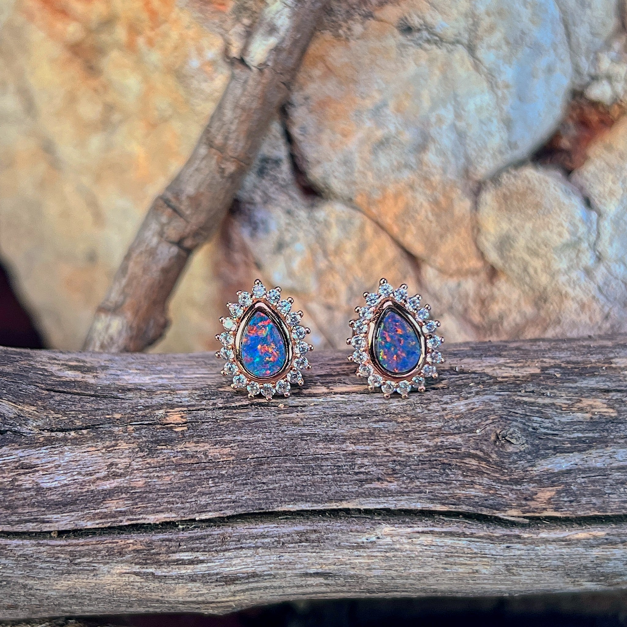 pear-shaped Australian opal doublet earrings in rose gold-plated silver, red, blue and green play-of-colour