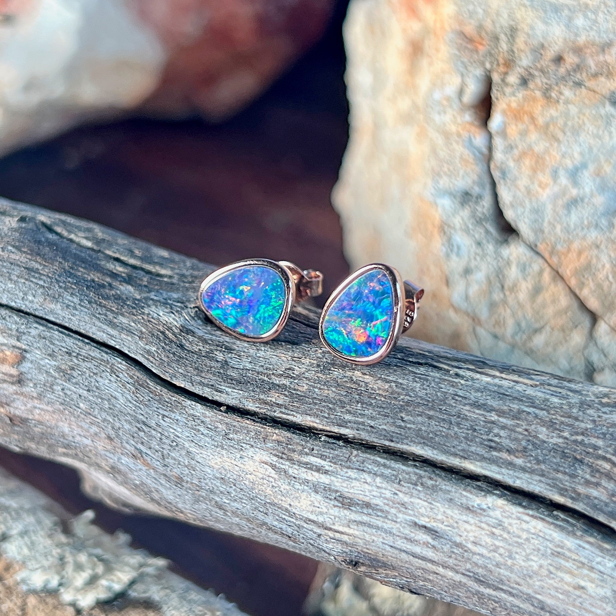 rose gold-plated silver Australian opal doublet earrings with 10 x 8mm triangular stones