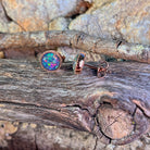 red, blue and green Australian opal triplet, round, rose gold-plated silver earrings, 7mm