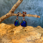 blue and green play-of-colour in 12.5 x 10.5mm triangular Australian opal triplet earrings