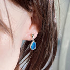 Worn Australian opal doublet earrings in sterling silver, red, pink, blue and green, 12 x 8mm