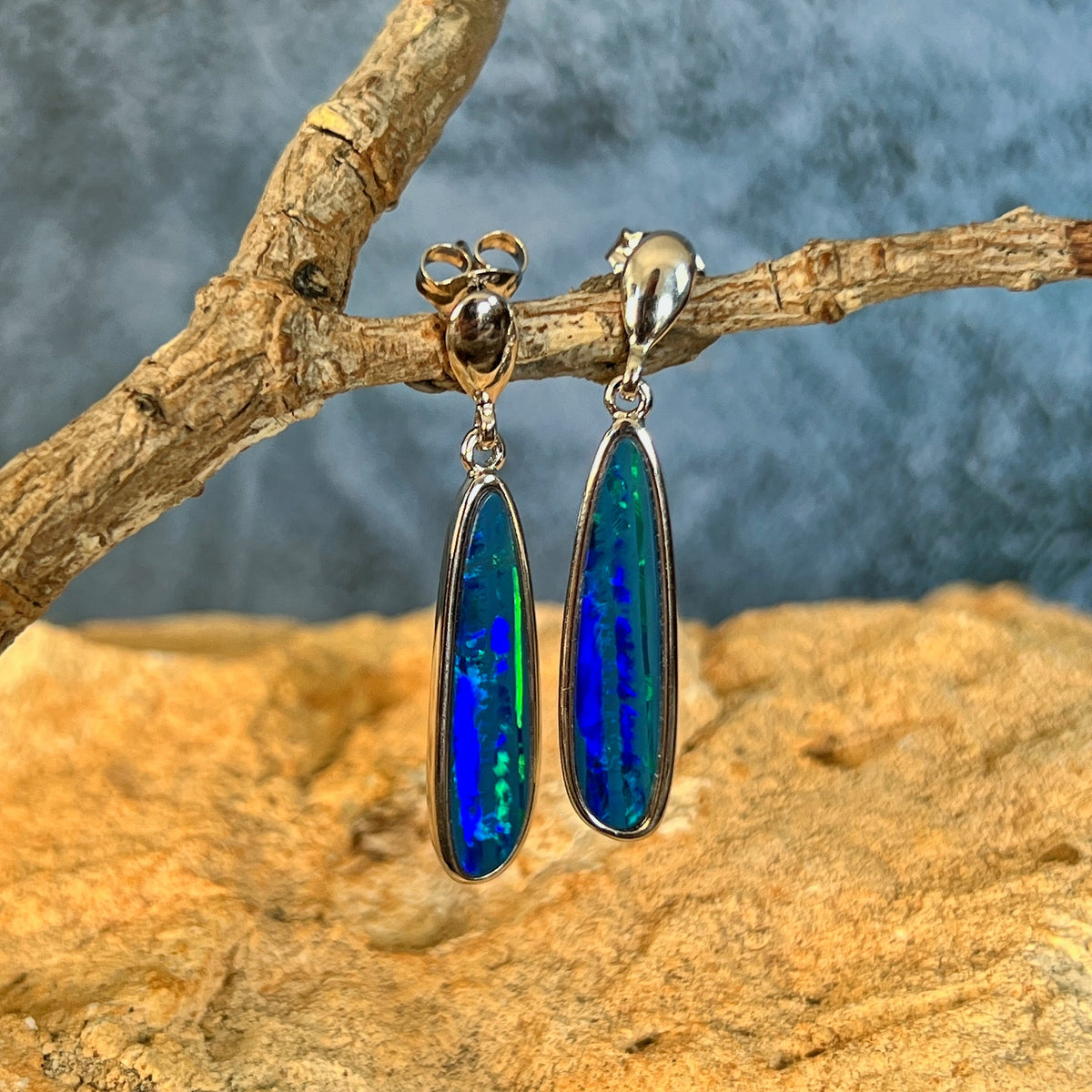 freeform Australian opal doublet earrings in sterling silver, green and blue play-of-colour