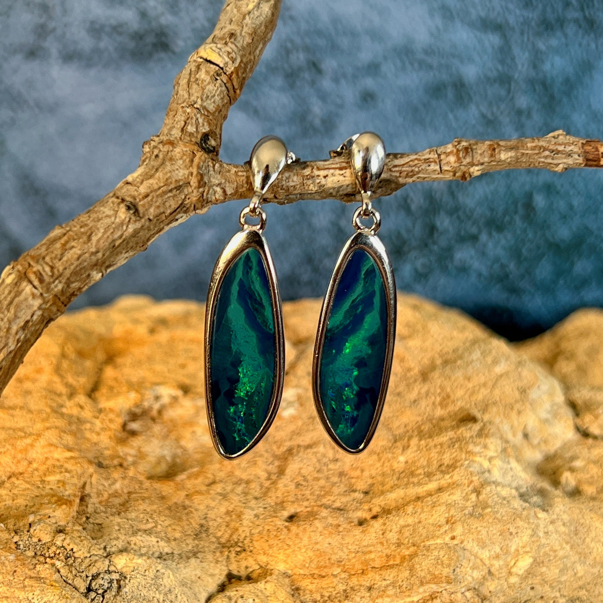 freeform Australian opal doublet earrings in sterling silver, blue and green play-of-colour