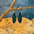 Australian opal doublet earrings, sterling silver, 24 x 8mm stones showing blue and green