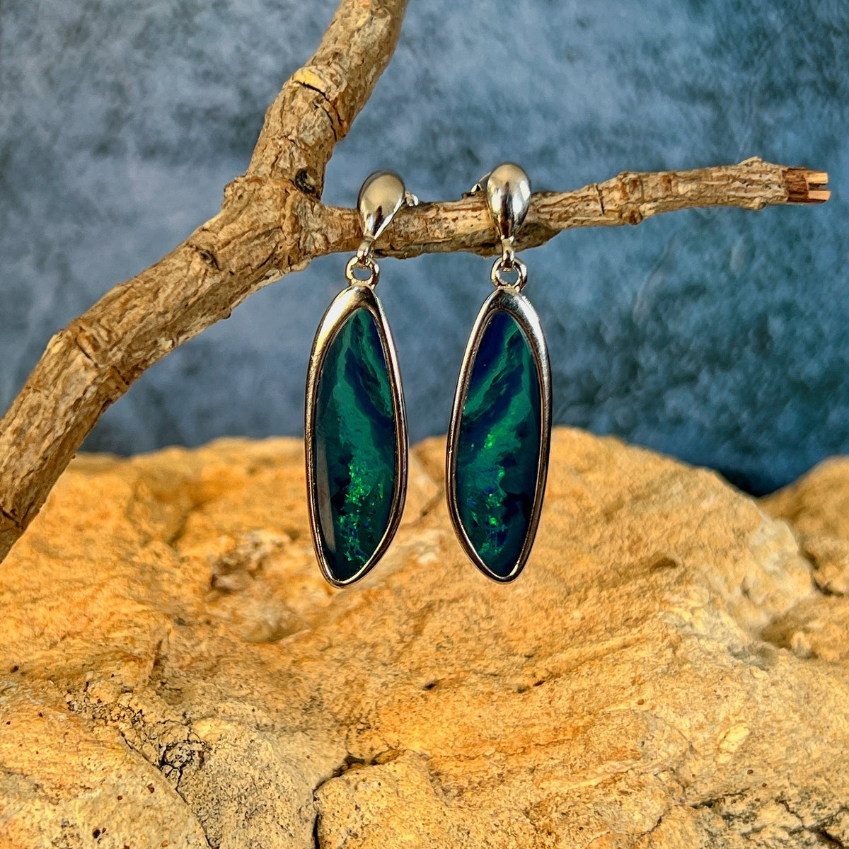 Australian opal doublet earrings, sterling silver, 24 x 8mm stones showing blue and green