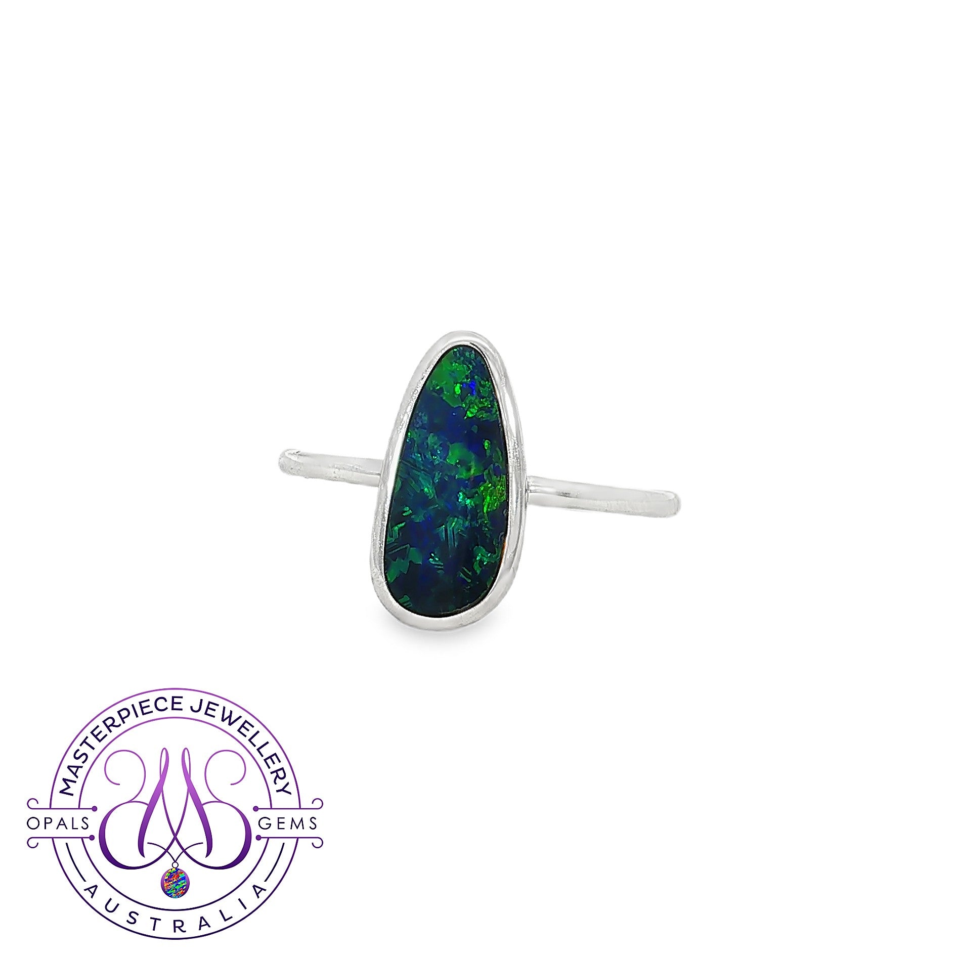 Freeform opal doublet bezel-set solitaire ring in sterling silver with blue and green colour